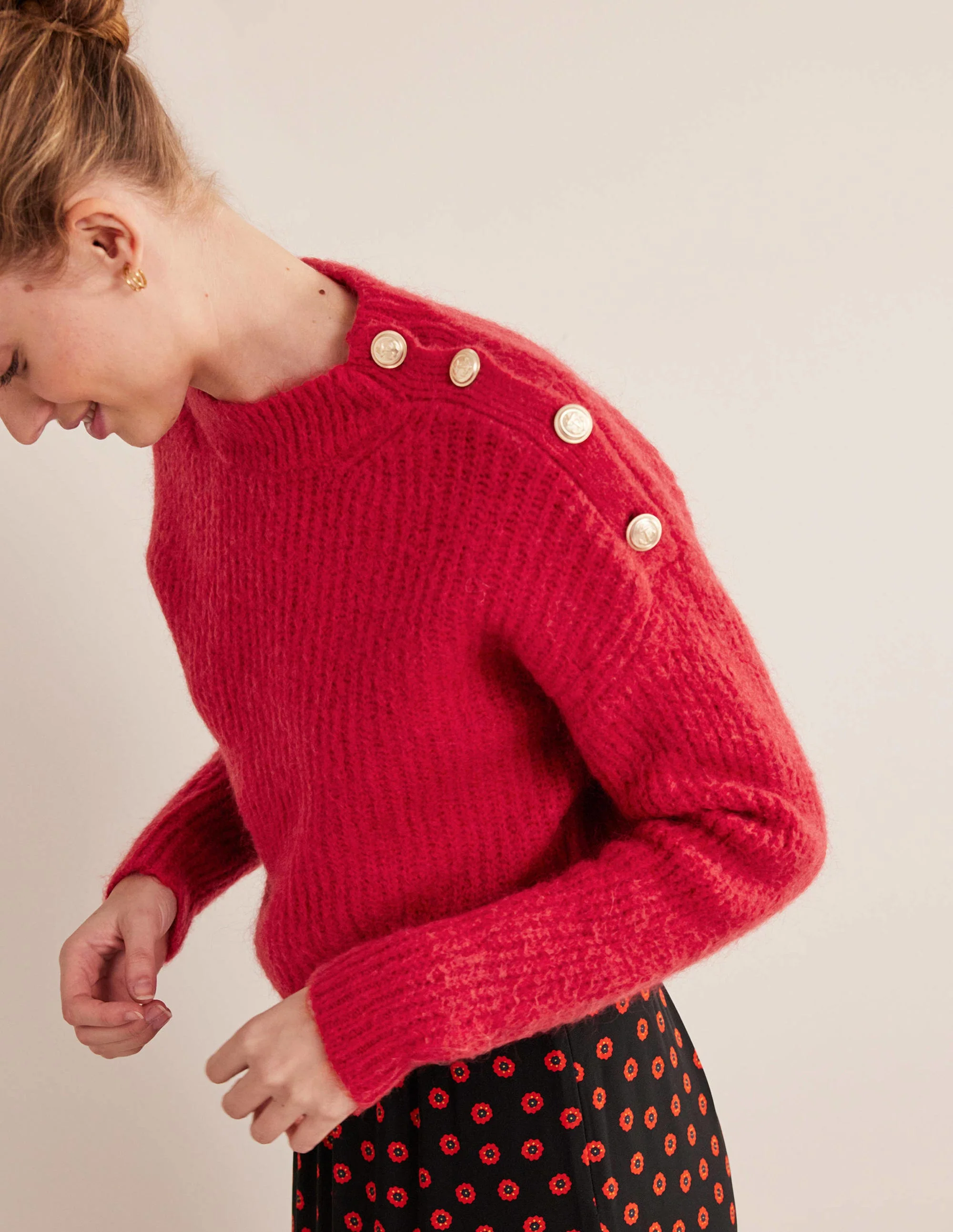 Fluffy Ribbed Button Sweater-Ruby