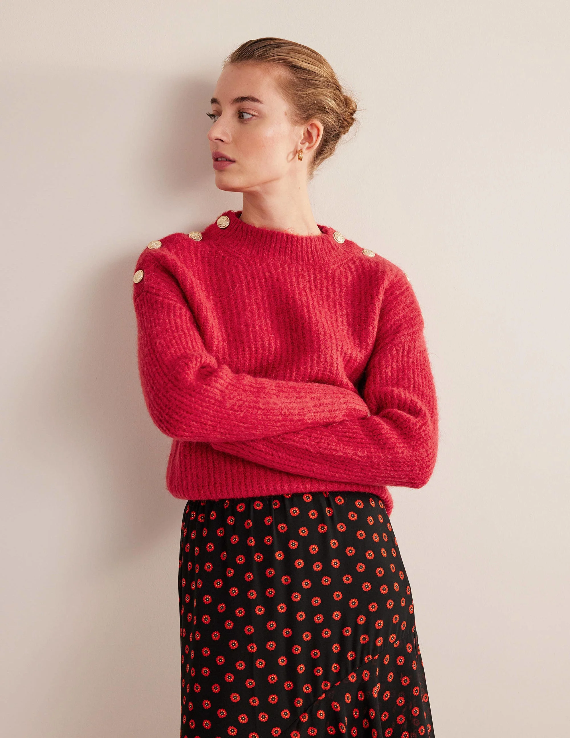 Fluffy Ribbed Button Sweater-Ruby - Image 2