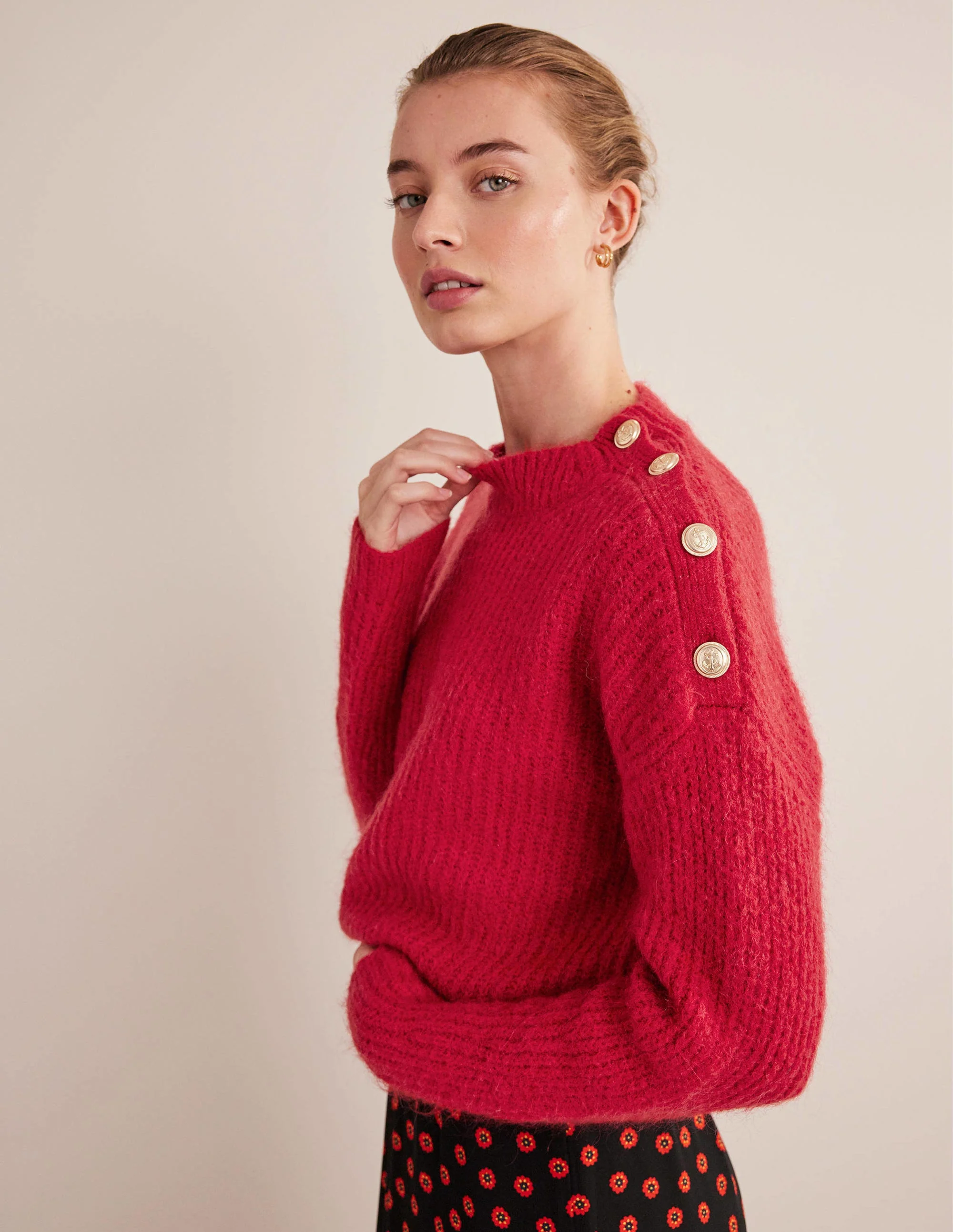 Fluffy Ribbed Button Sweater-Ruby - Image 4