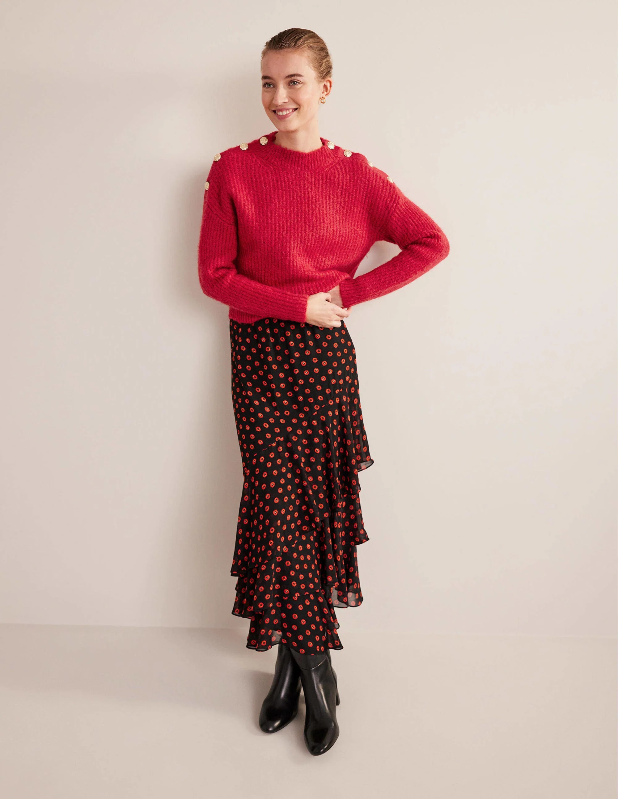 Fluffy Ribbed Button Sweater-Ruby - Image 5