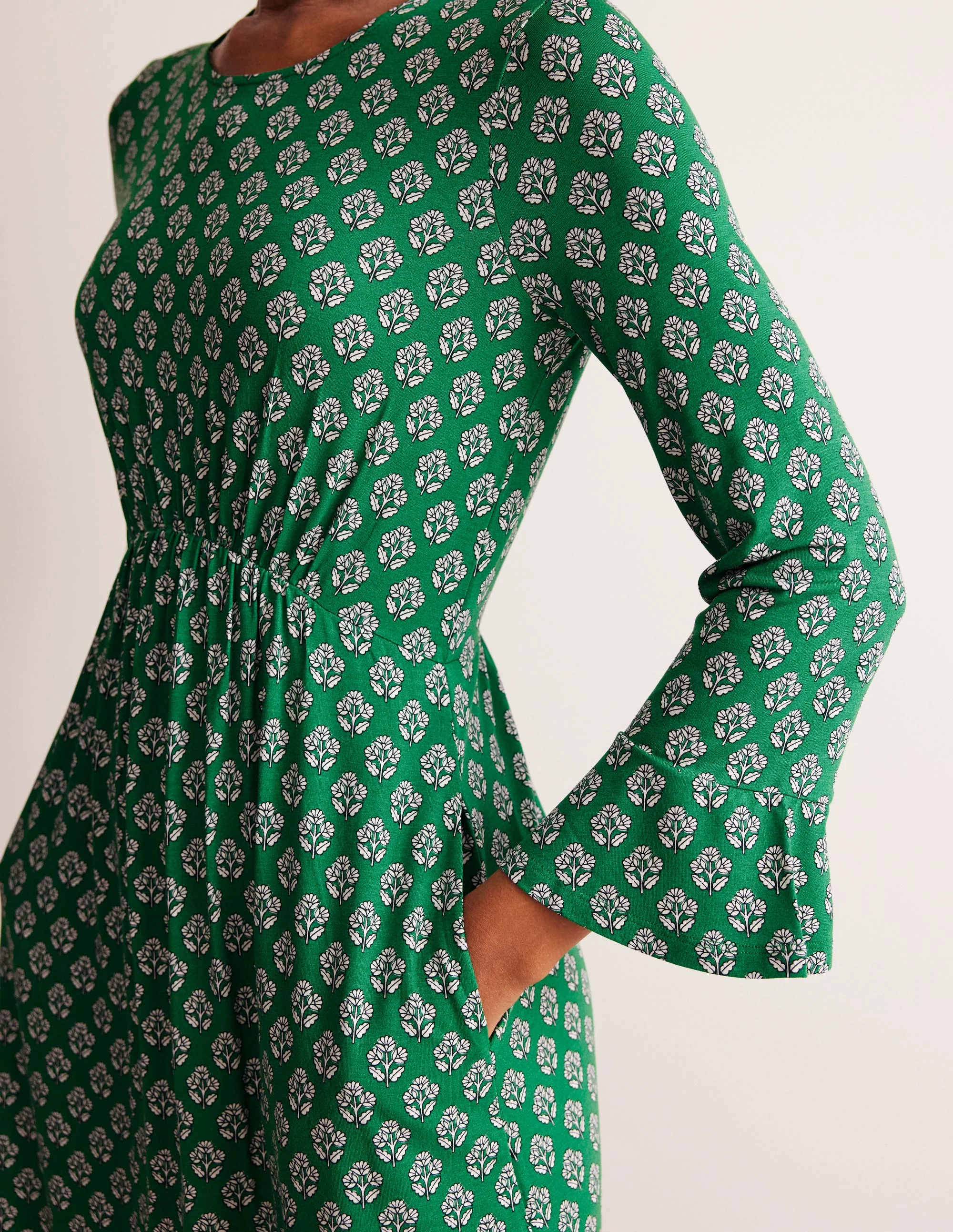 Flute Sleeve Jersey Dress-Rich Emerald, Pome Stamp - Image 2