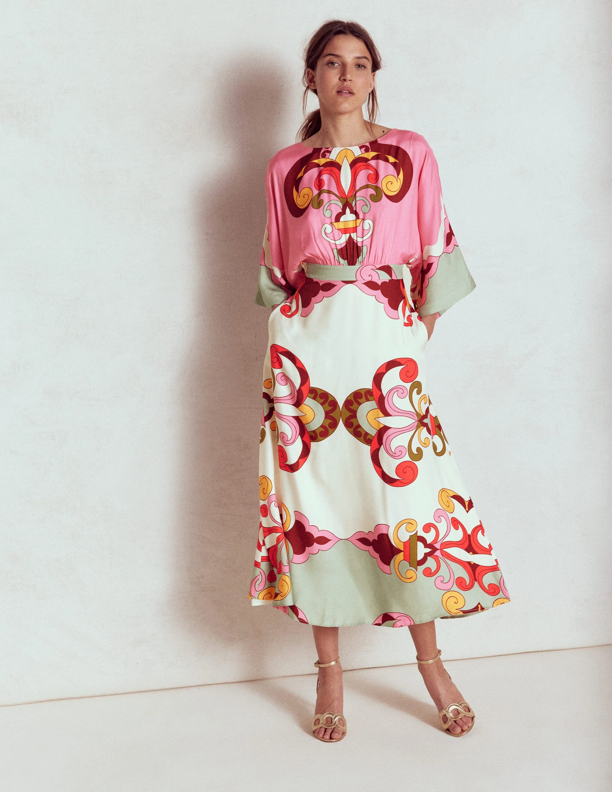 Flute Sleeve Midi Dress-Pink Rose, Ornate Reflection - Image 5