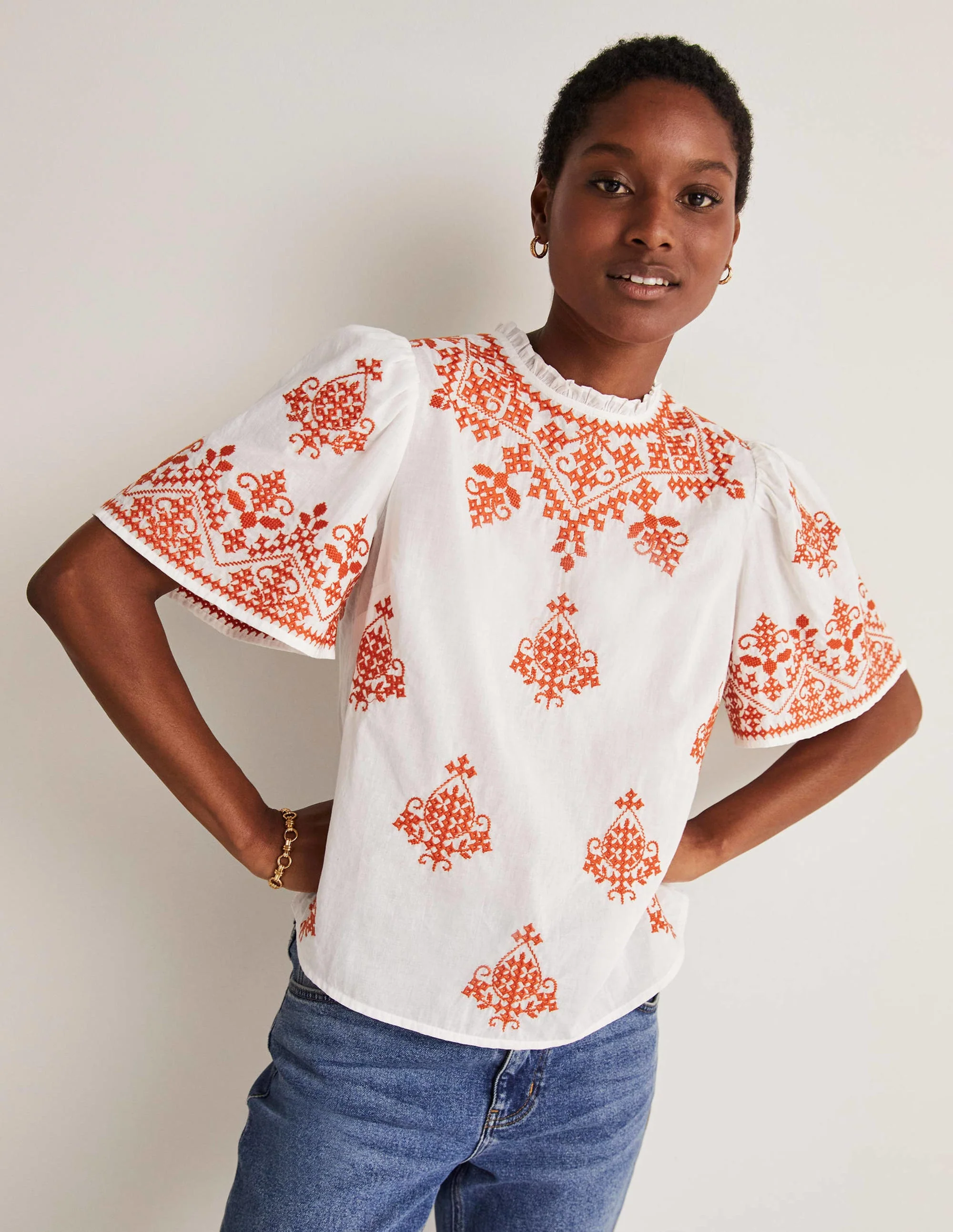 Flutter Sleeve Embroidered Top-Ivory, Firecracker Embroidery