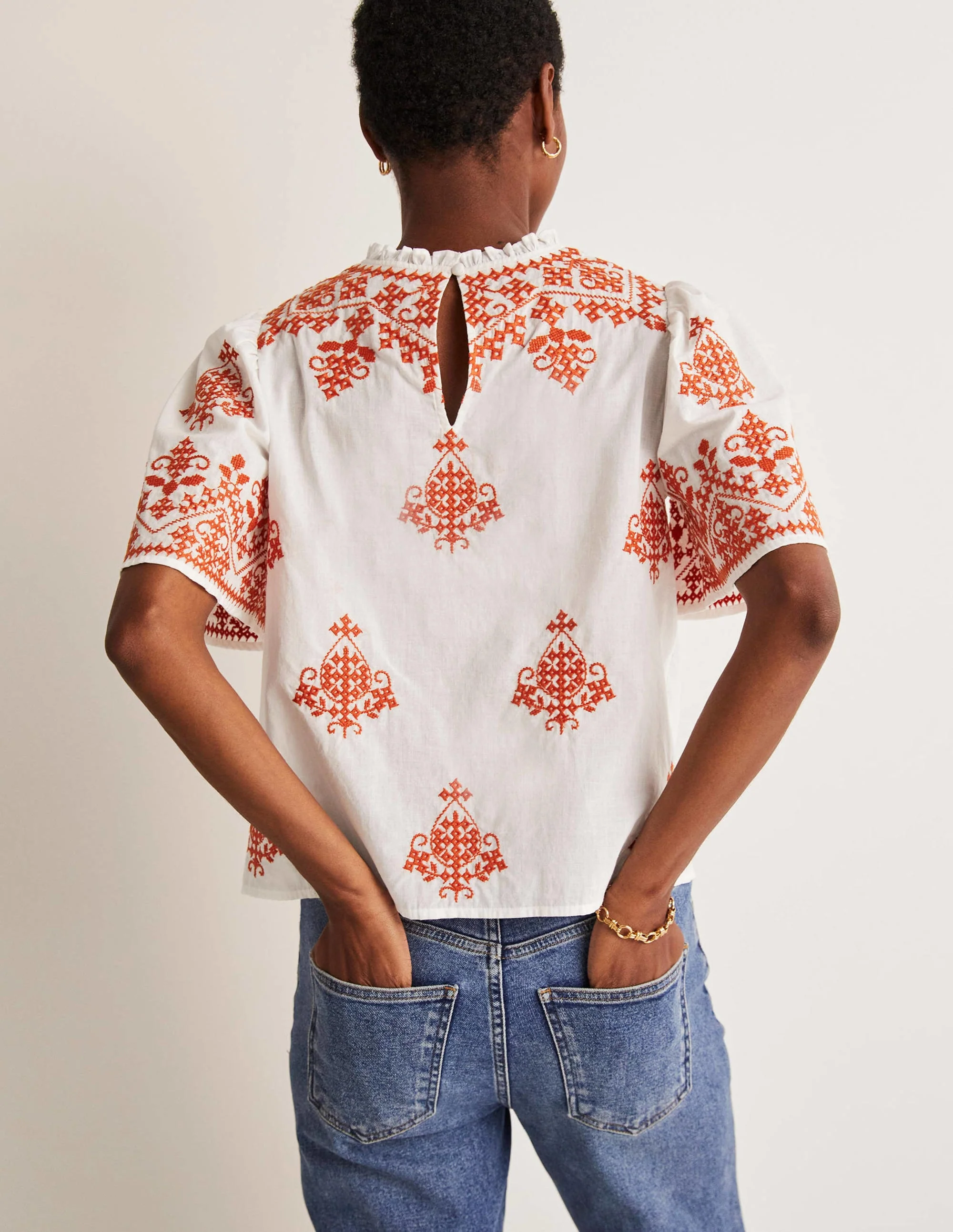 Flutter Sleeve Embroidered Top-Ivory, Firecracker Embroidery - Image 3