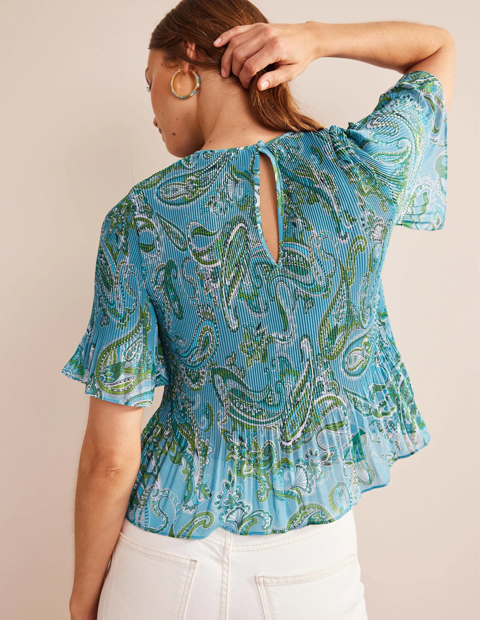 Flutter-Sleeve Plisse Top-Aegean Blue, Paradise Pop - Image 3