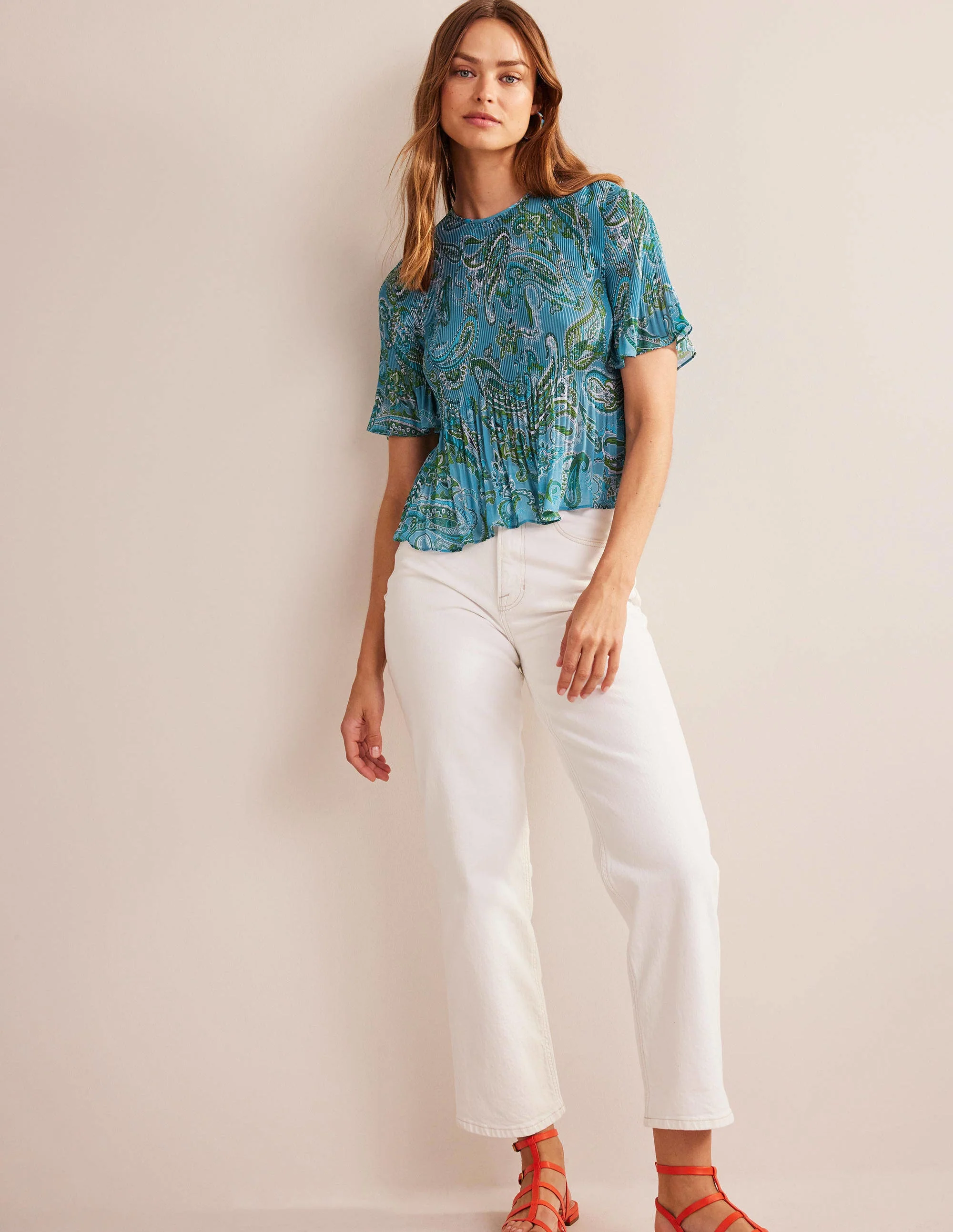 Flutter-Sleeve Plisse Top-Aegean Blue, Paradise Pop - Image 4