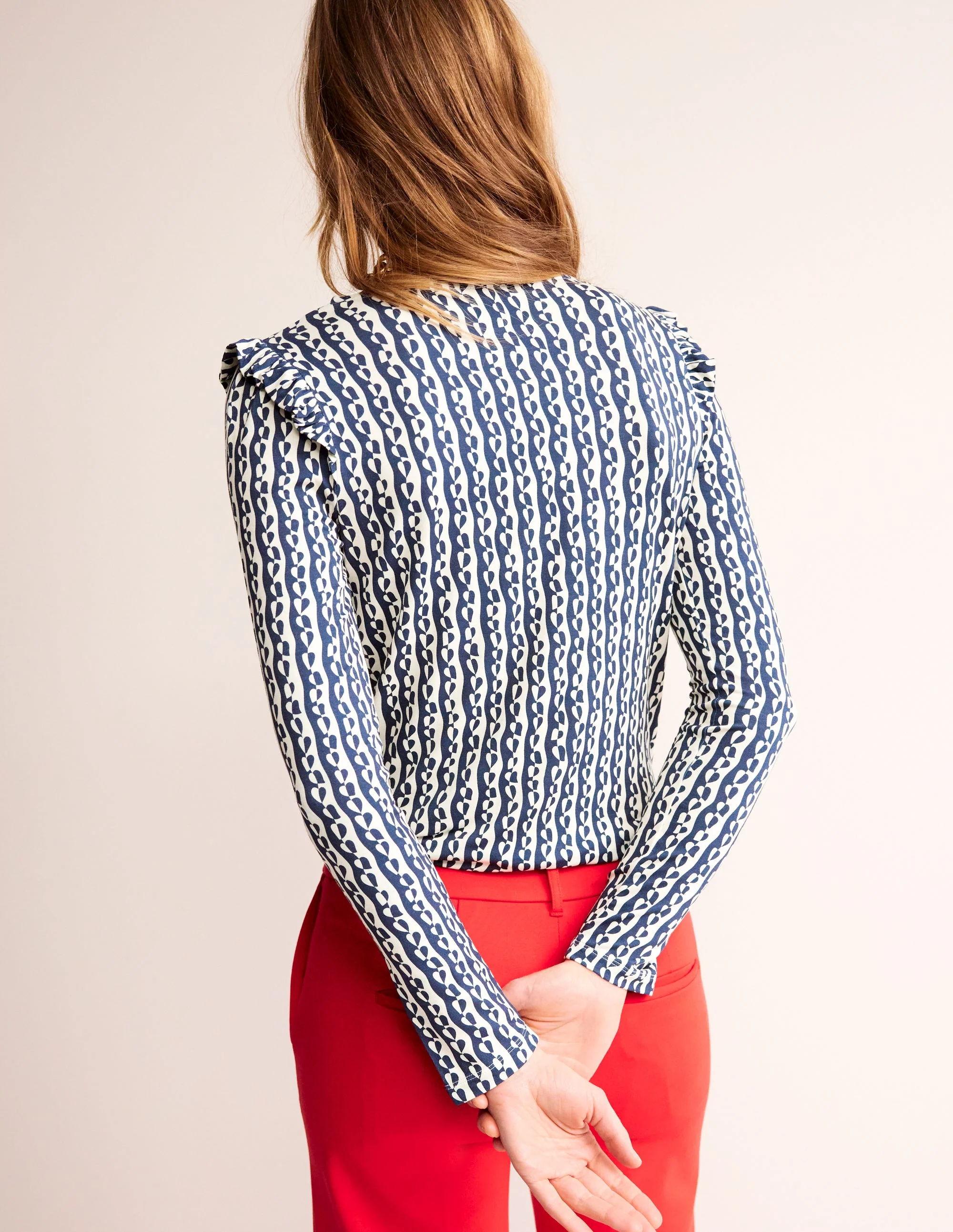 Frill Detail Long Sleeve Top-Navy, Abstract Heart - Image 3
