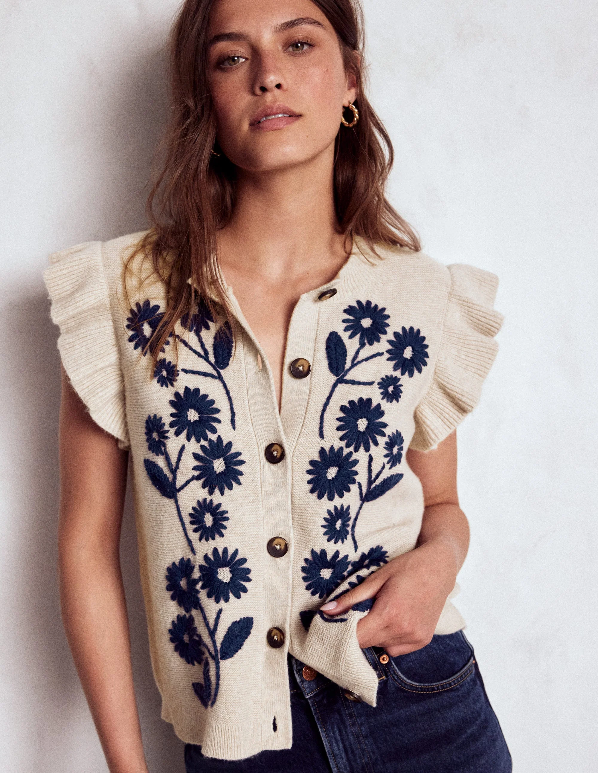 Frill Detail Waistcoat-Oatmeal Melange