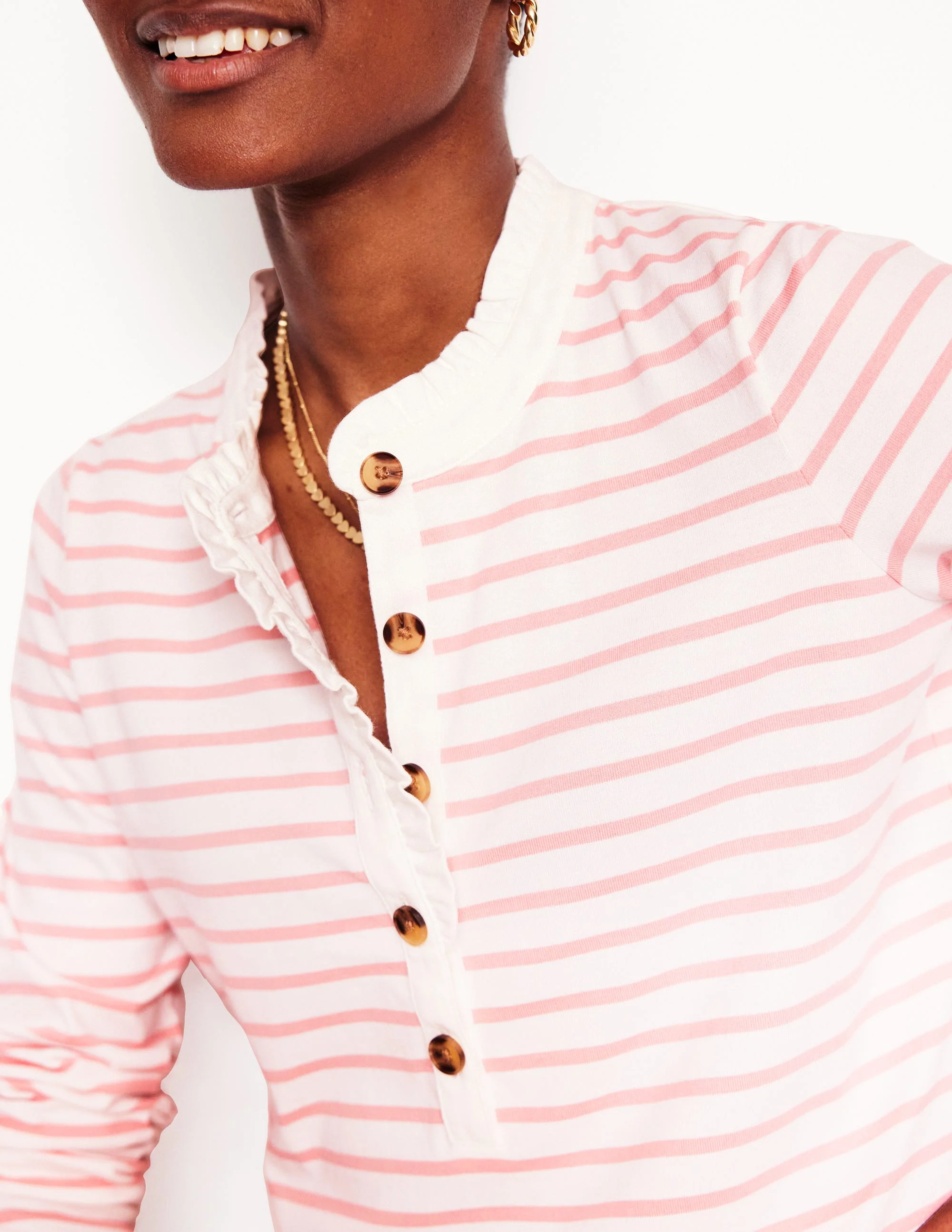 Frill Neck Breton Top-Ivory, Quartz Pink Stripe - Image 2