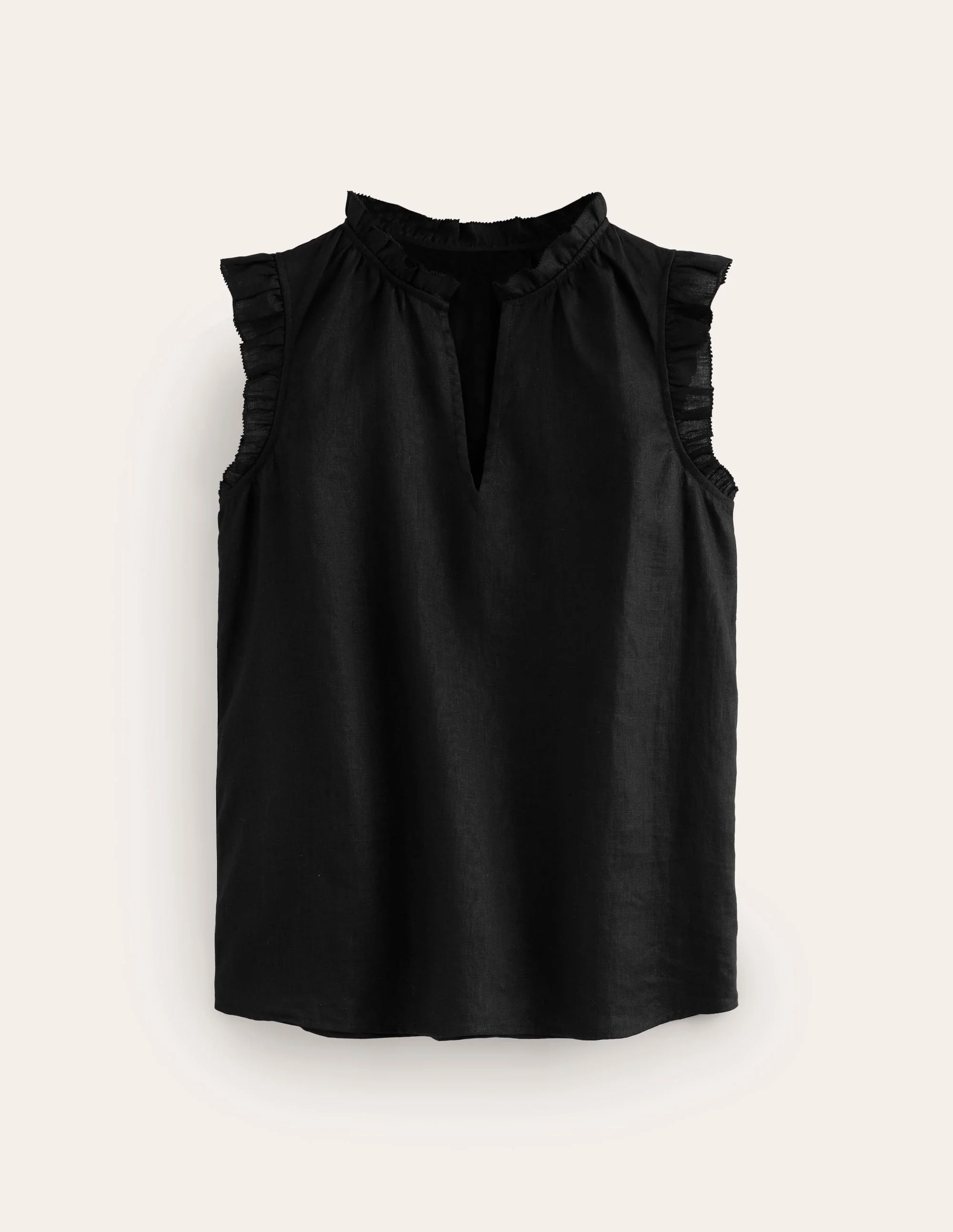 Frill Sleeve Linen Notch Top-Black - Image 5