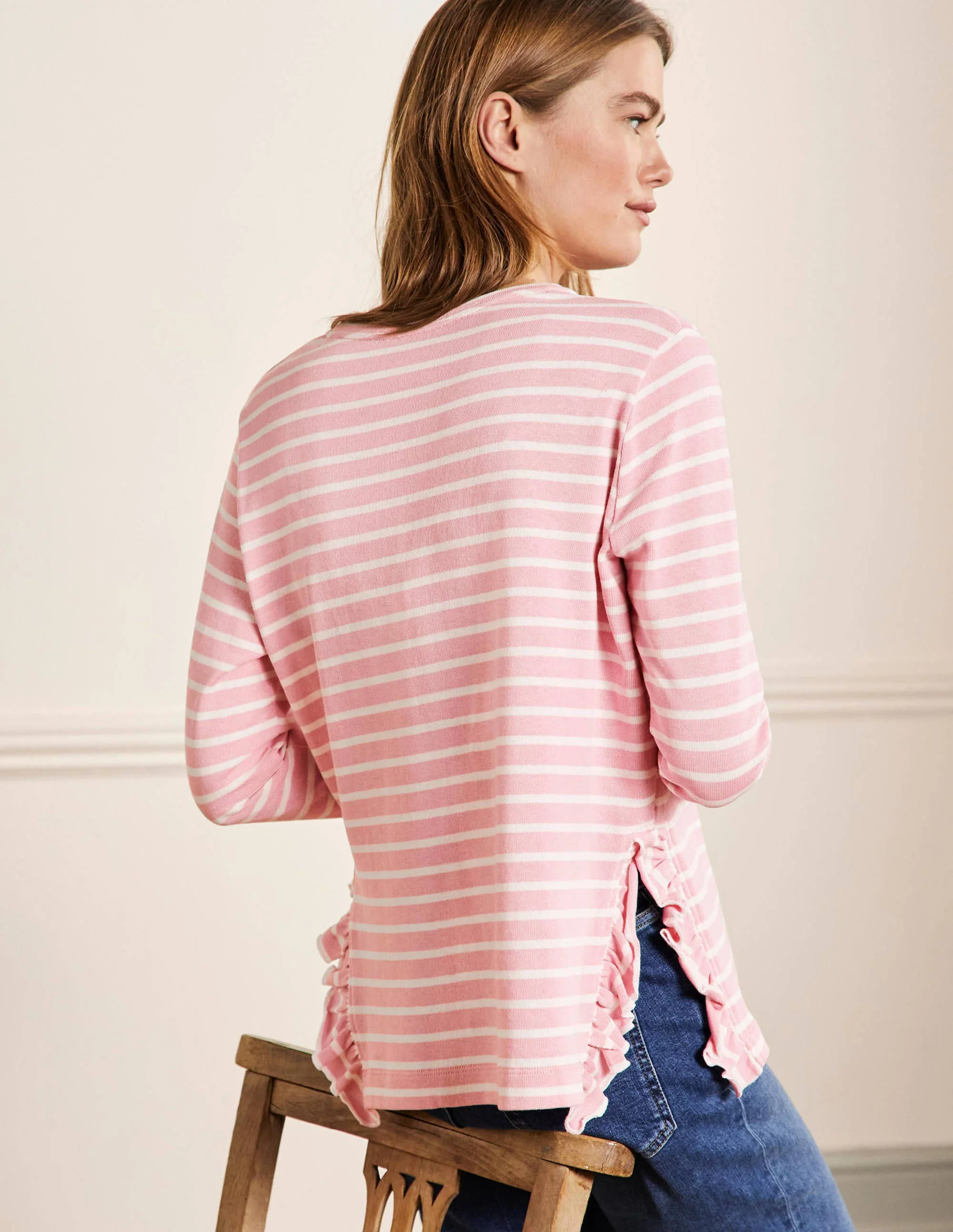 Frilled Side Split Jersey Top-Cameo Pink / Ivory Stripe - Image 3