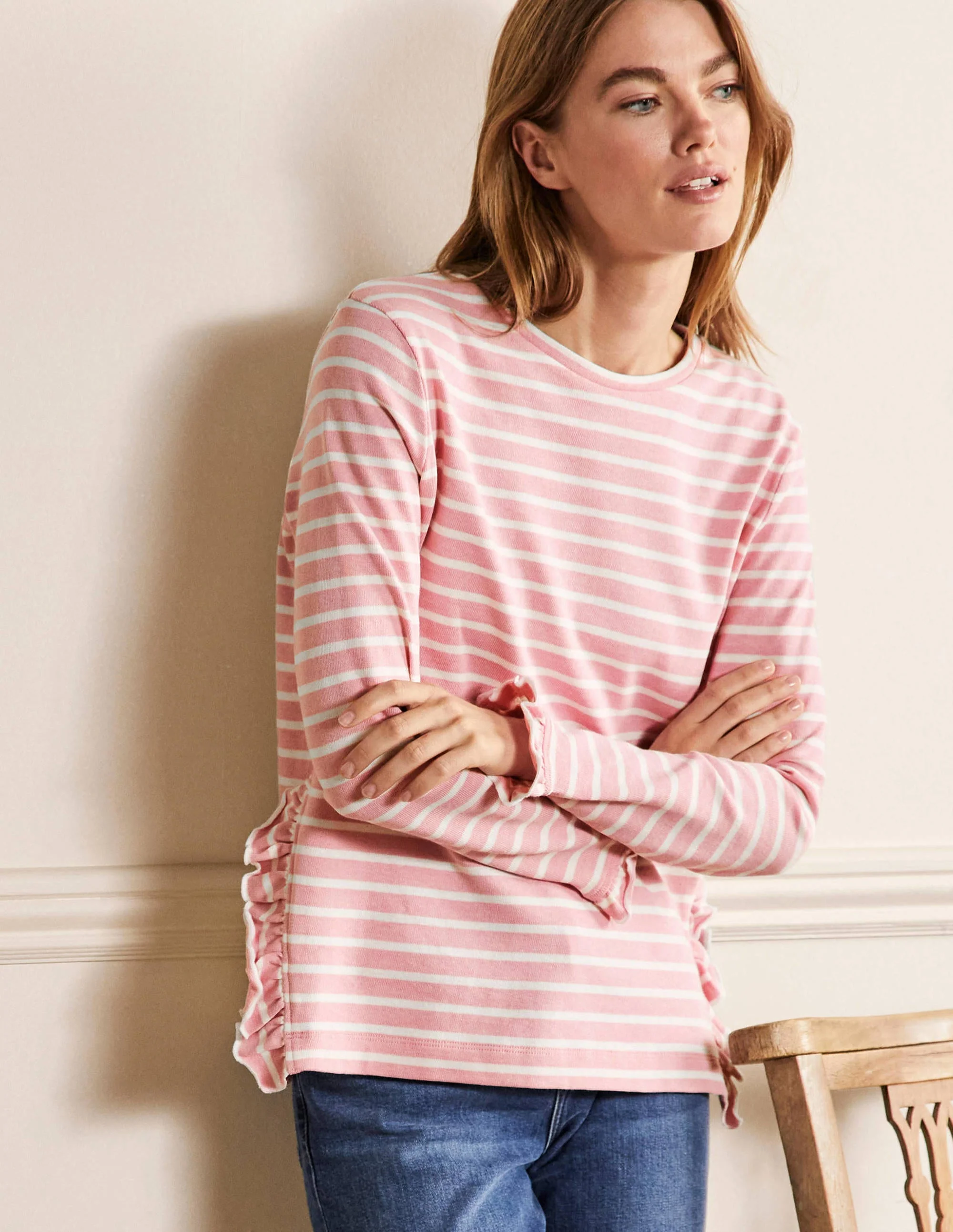 Frilled Side Split Jersey Top-Cameo Pink / Ivory Stripe - Image 4