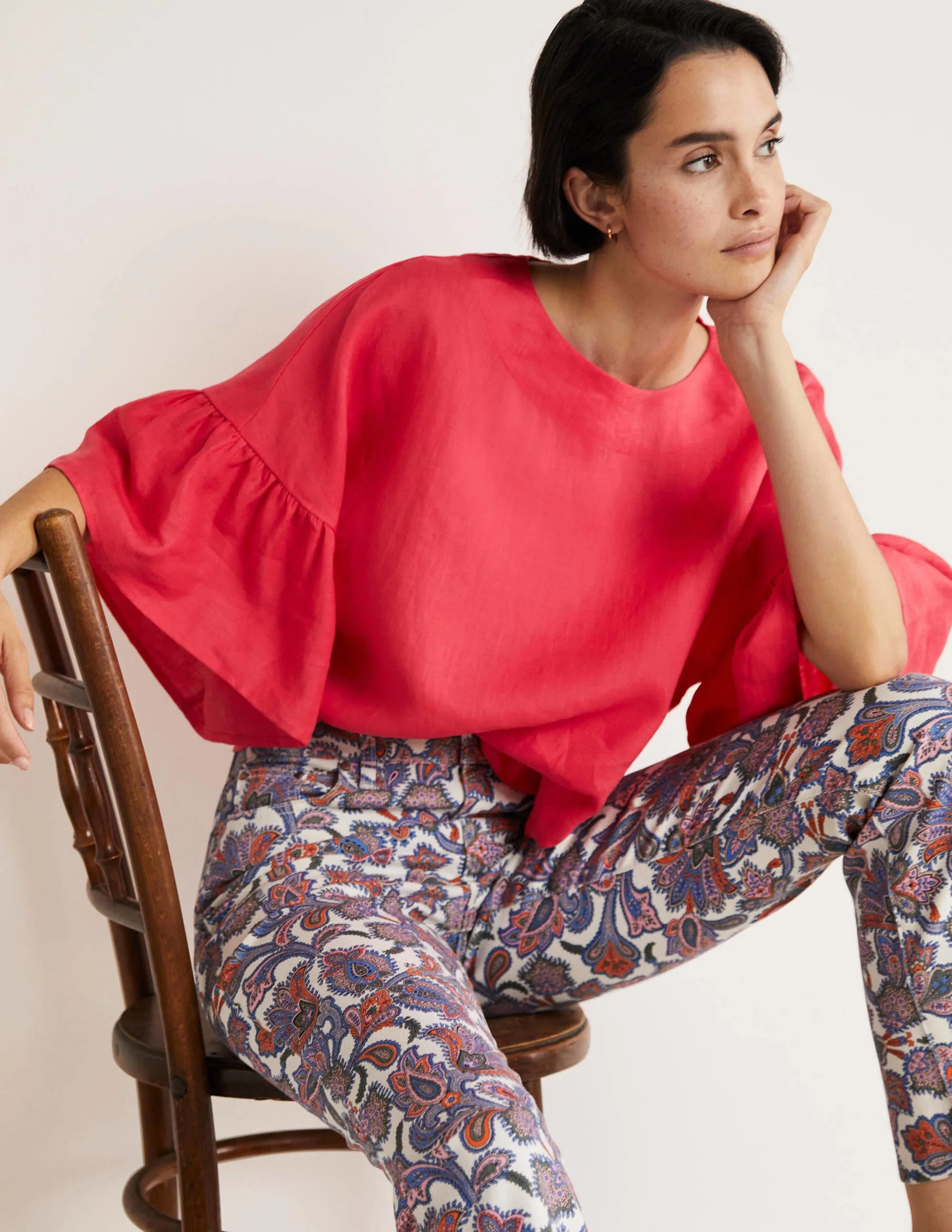 Frilly Full Sleeve Linen Top-Radish