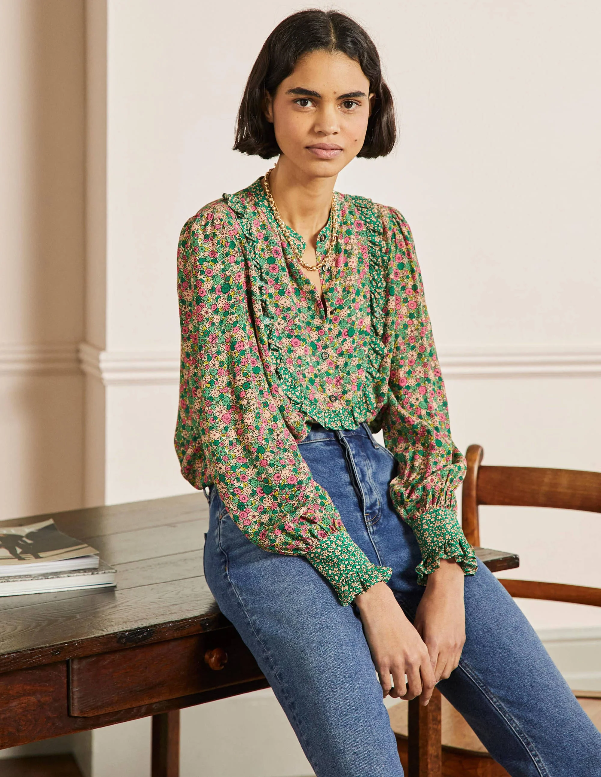Frilly Printed Popover Blouse-Highland Green, Floret Cluster
