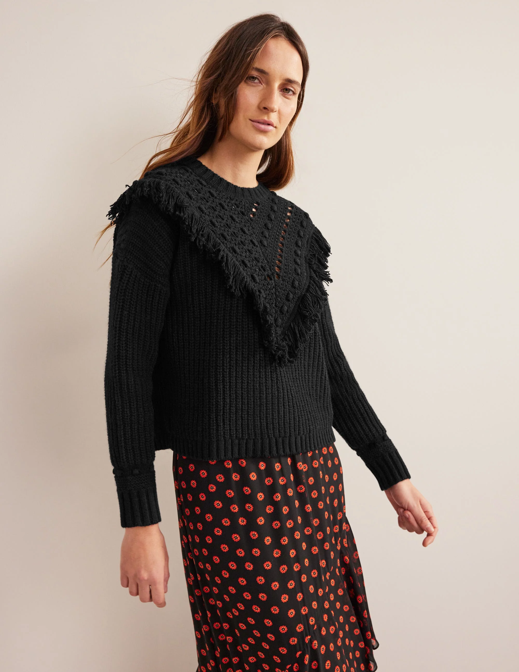 Fringe Detail Ribbed Sweater-Black