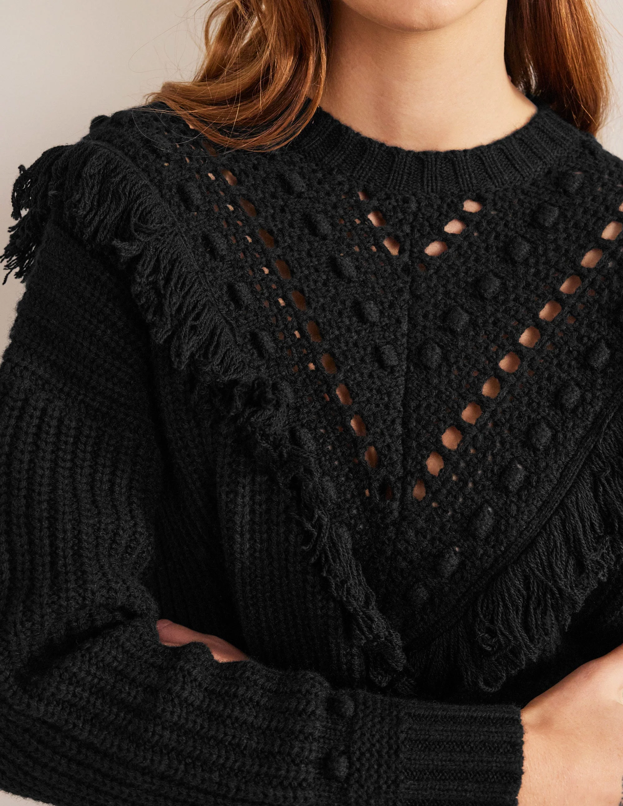 Fringe Detail Ribbed Sweater-Black - Image 2