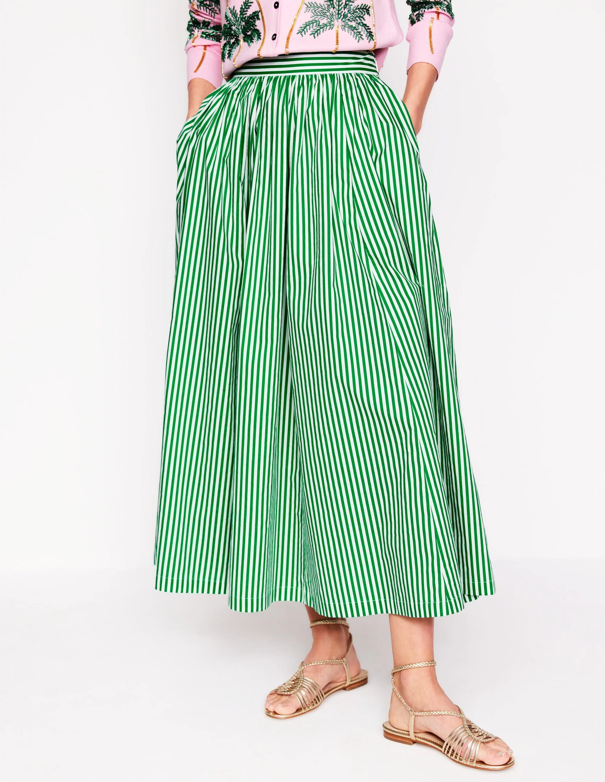Full Poplin Maxi Skirt-Rich Emerald, Fine Stripe - Image 3