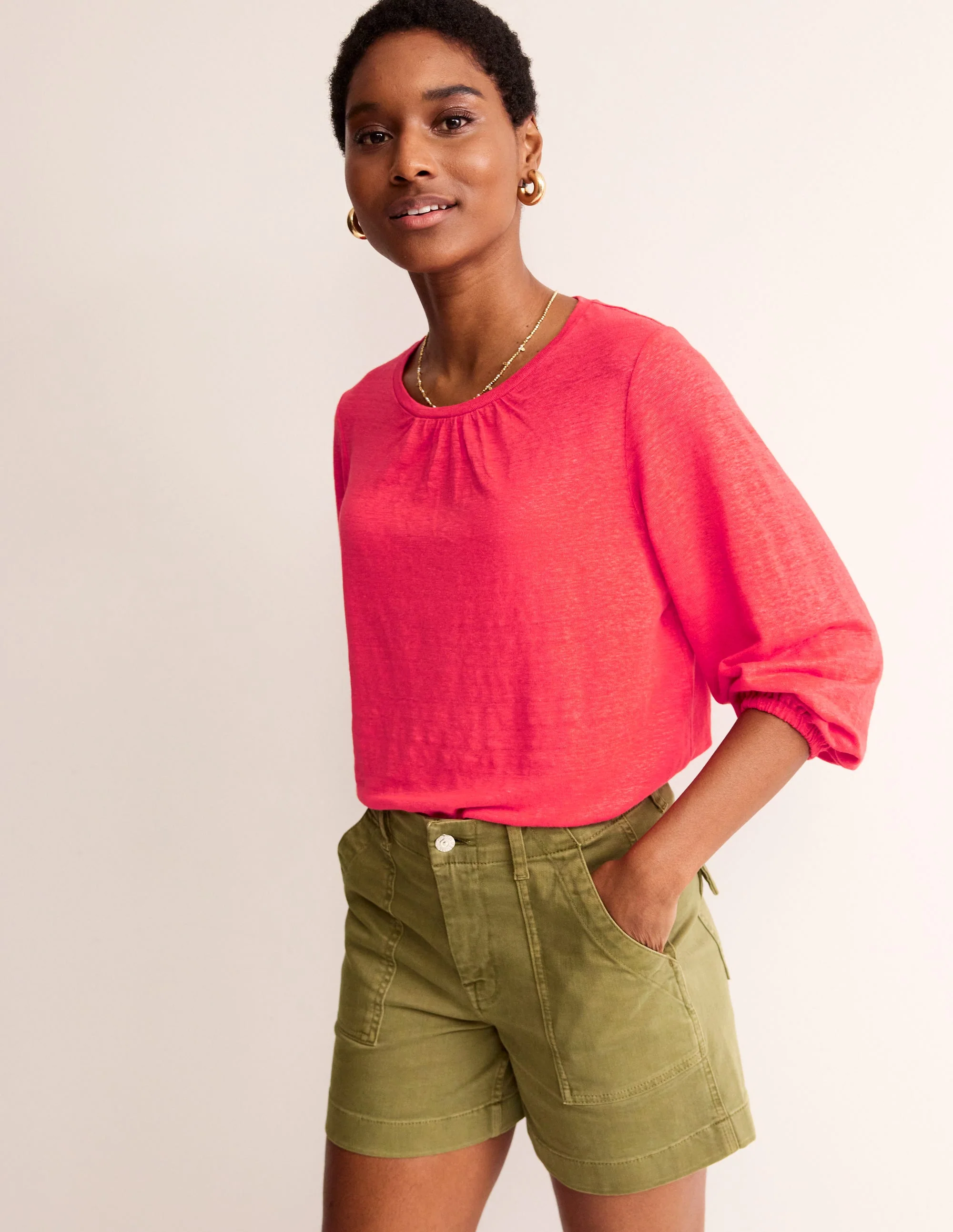 Gathered Neck Linen Jersey Top-Hibiscus