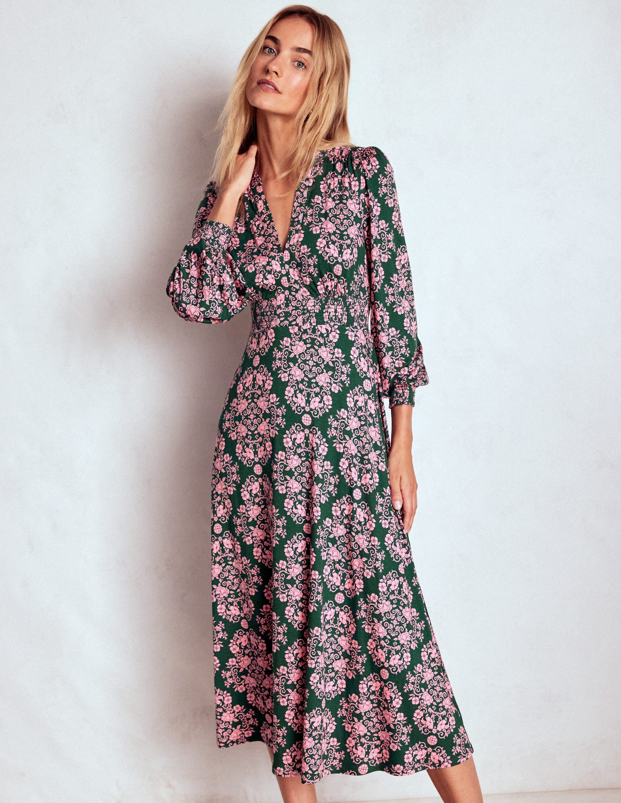Georgia Jersey Midi Dress-Green, Ornamental Lattice