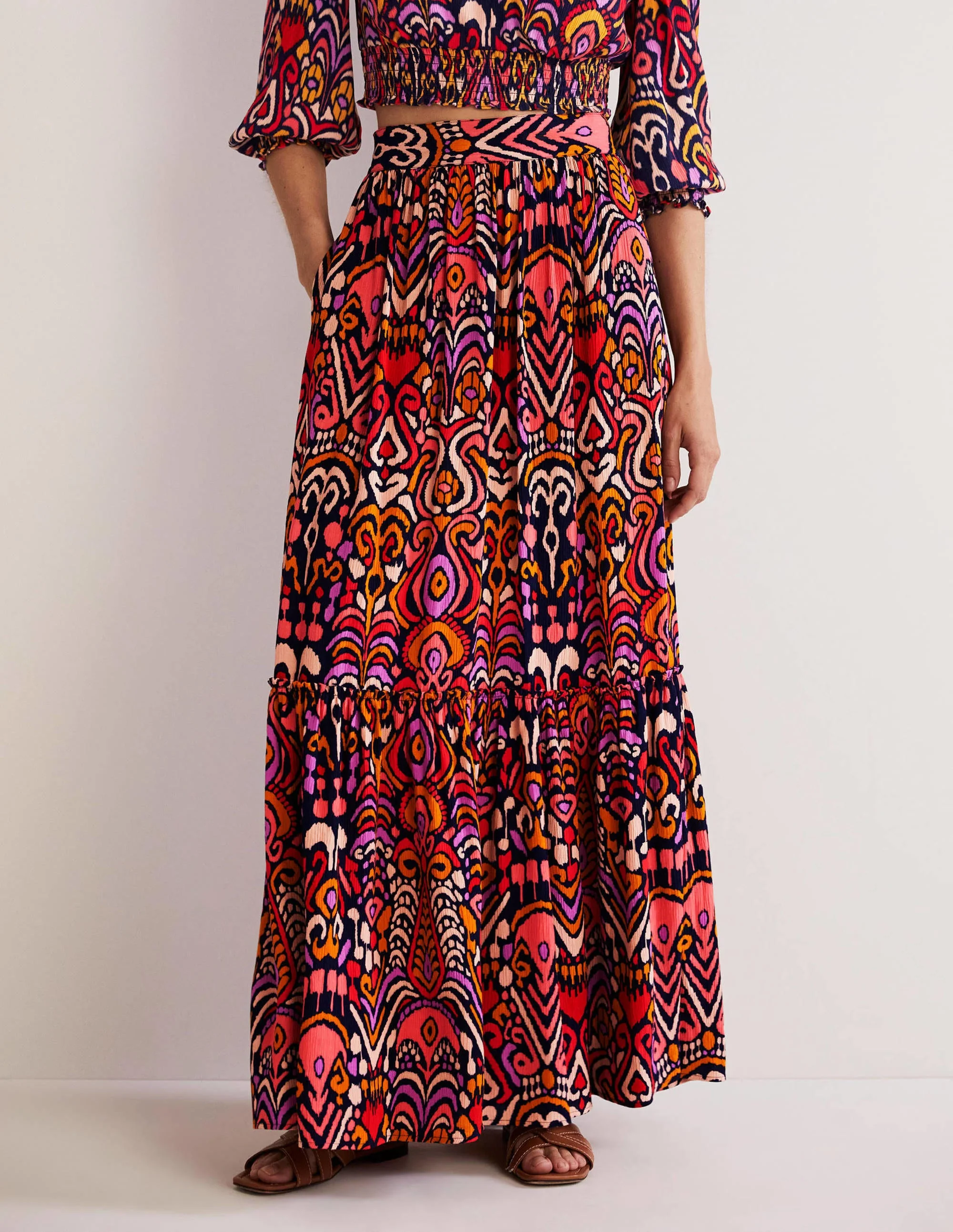 Grace Crinkle Maxi Skirt-French Navy, Ikat Charm - Image 4