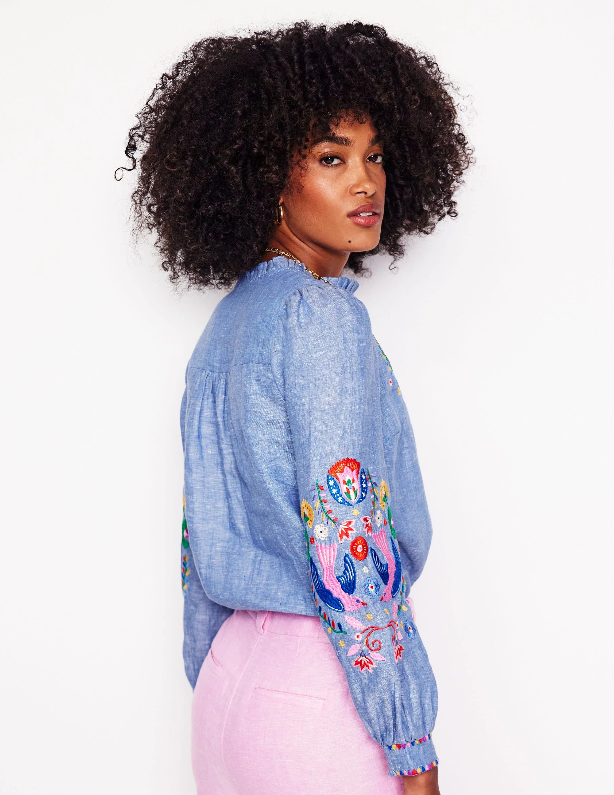 Grace Linen Top-Chambray, Embroidered Birds - Image 4
