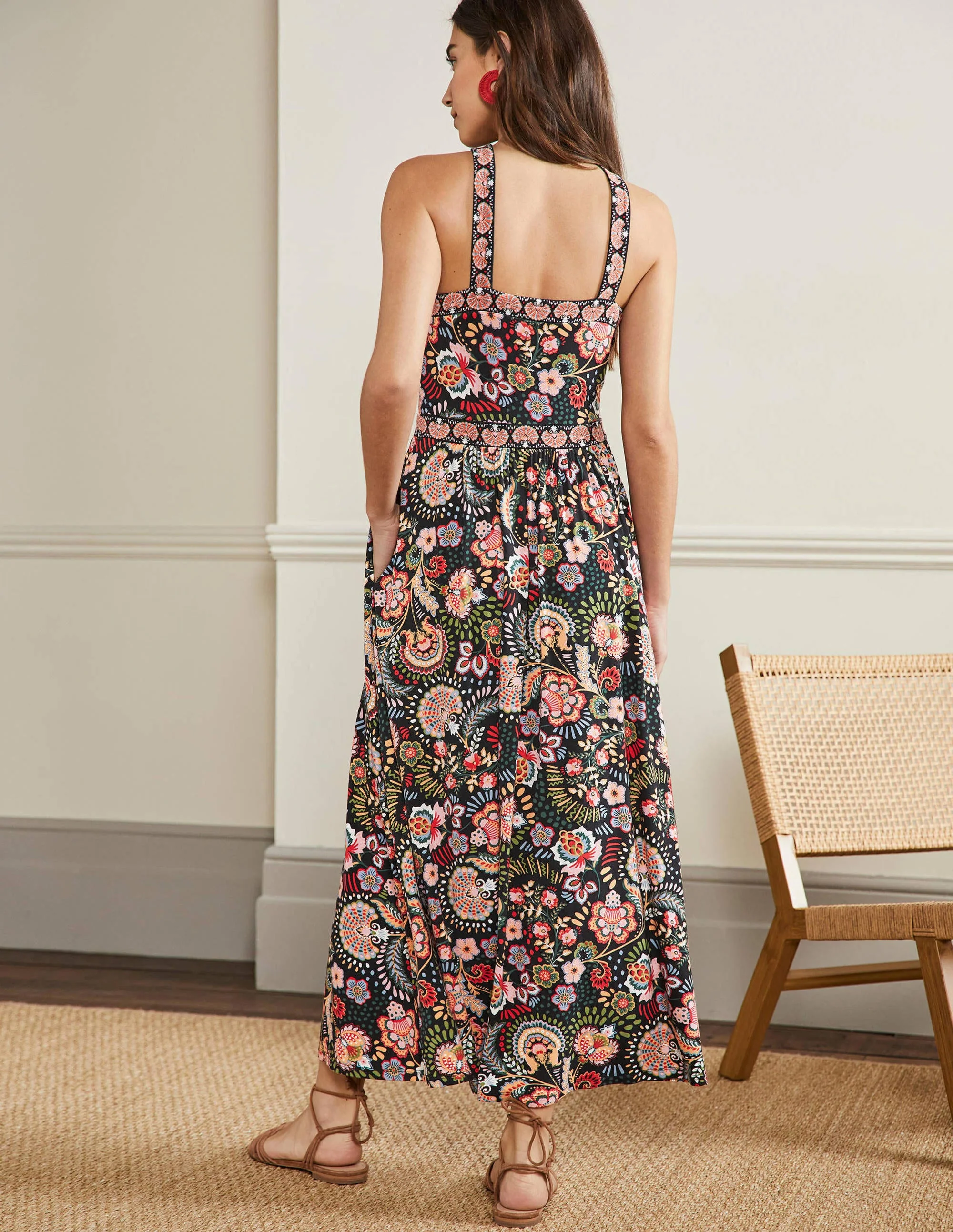 Halterneck Jersey Maxi Dress-Black Decorative Meadow - Image 3