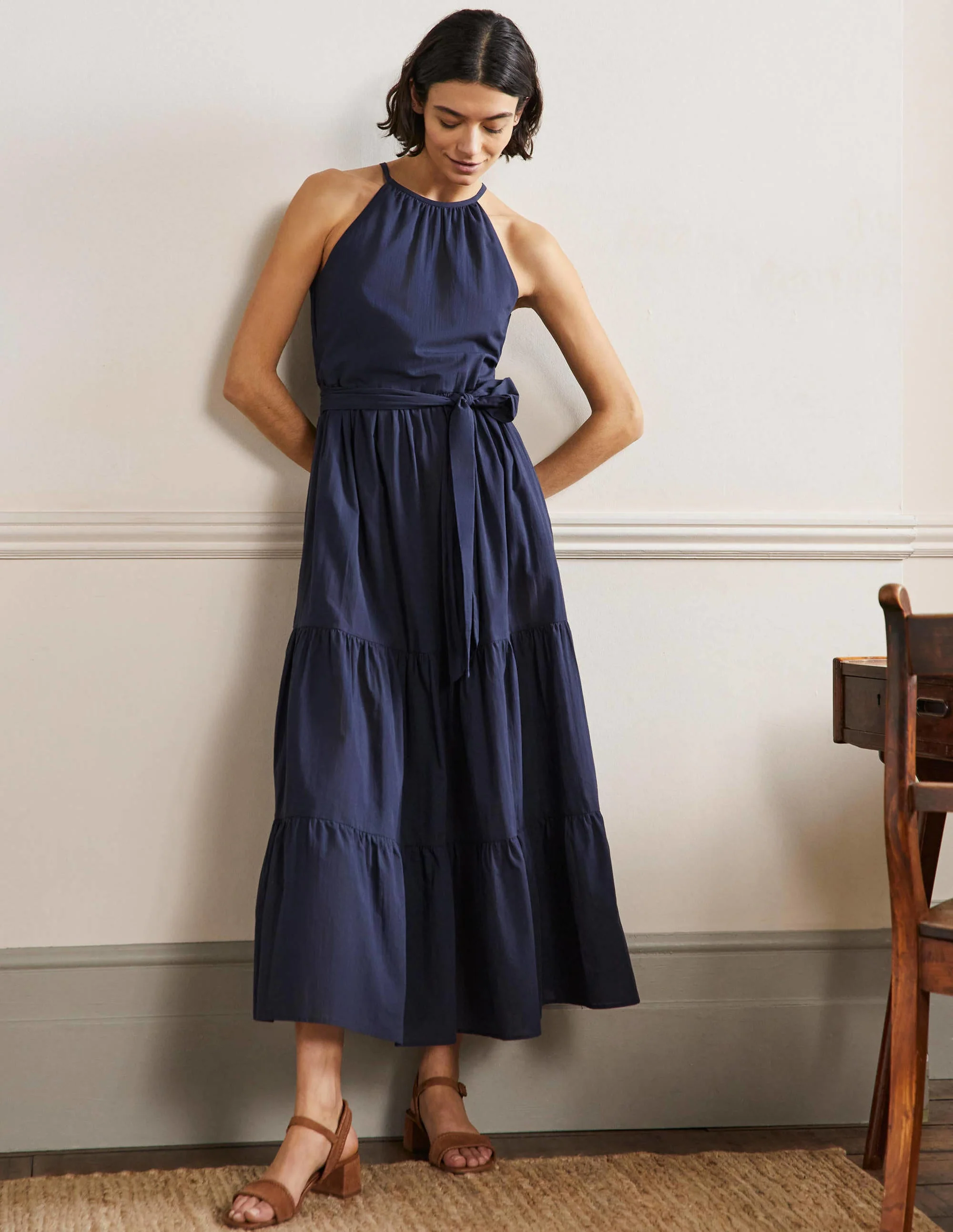 Halterneck Tiered Maxi Dress-Navy