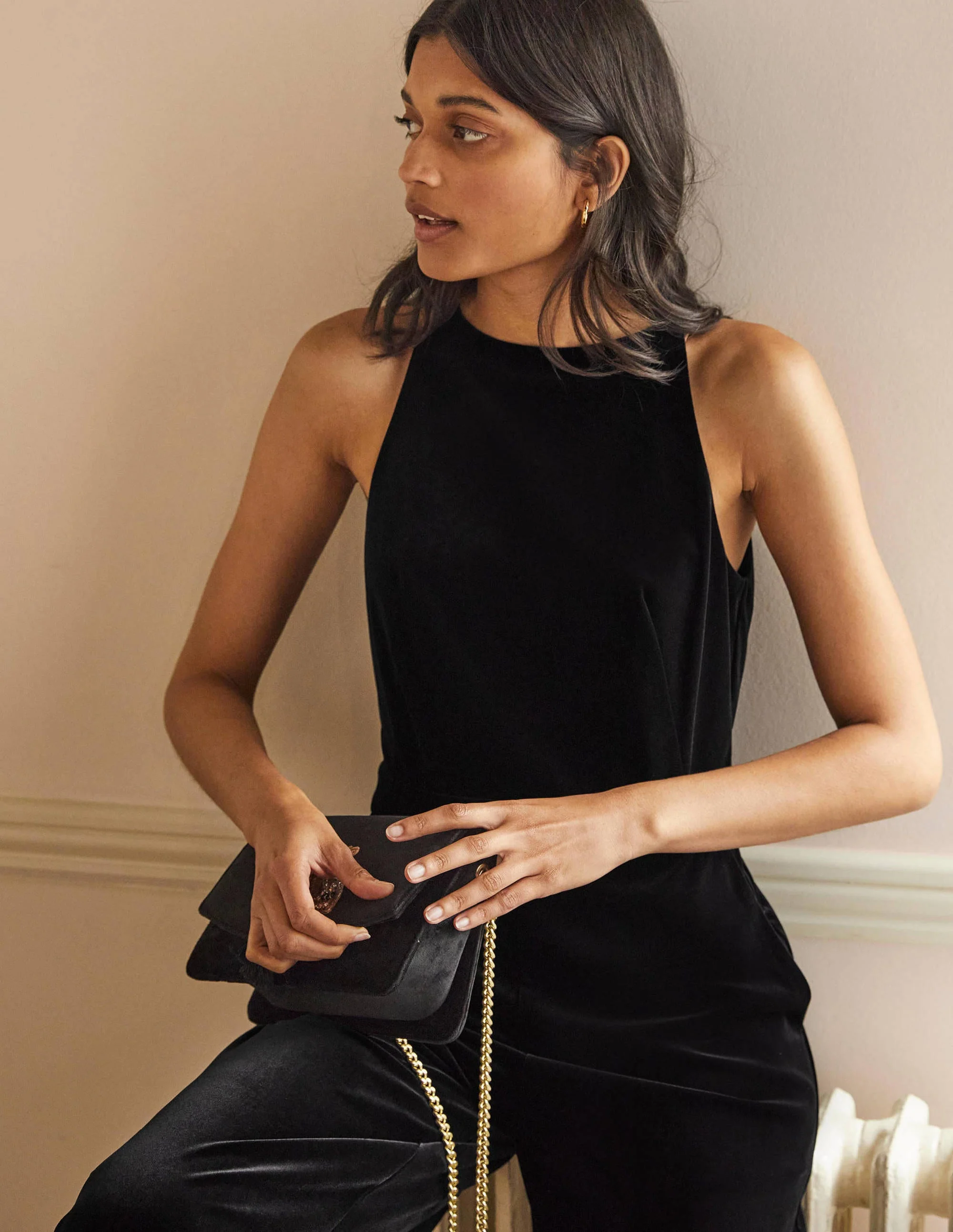 Halterneck Velvet Jumpsuit-Black - Image 4