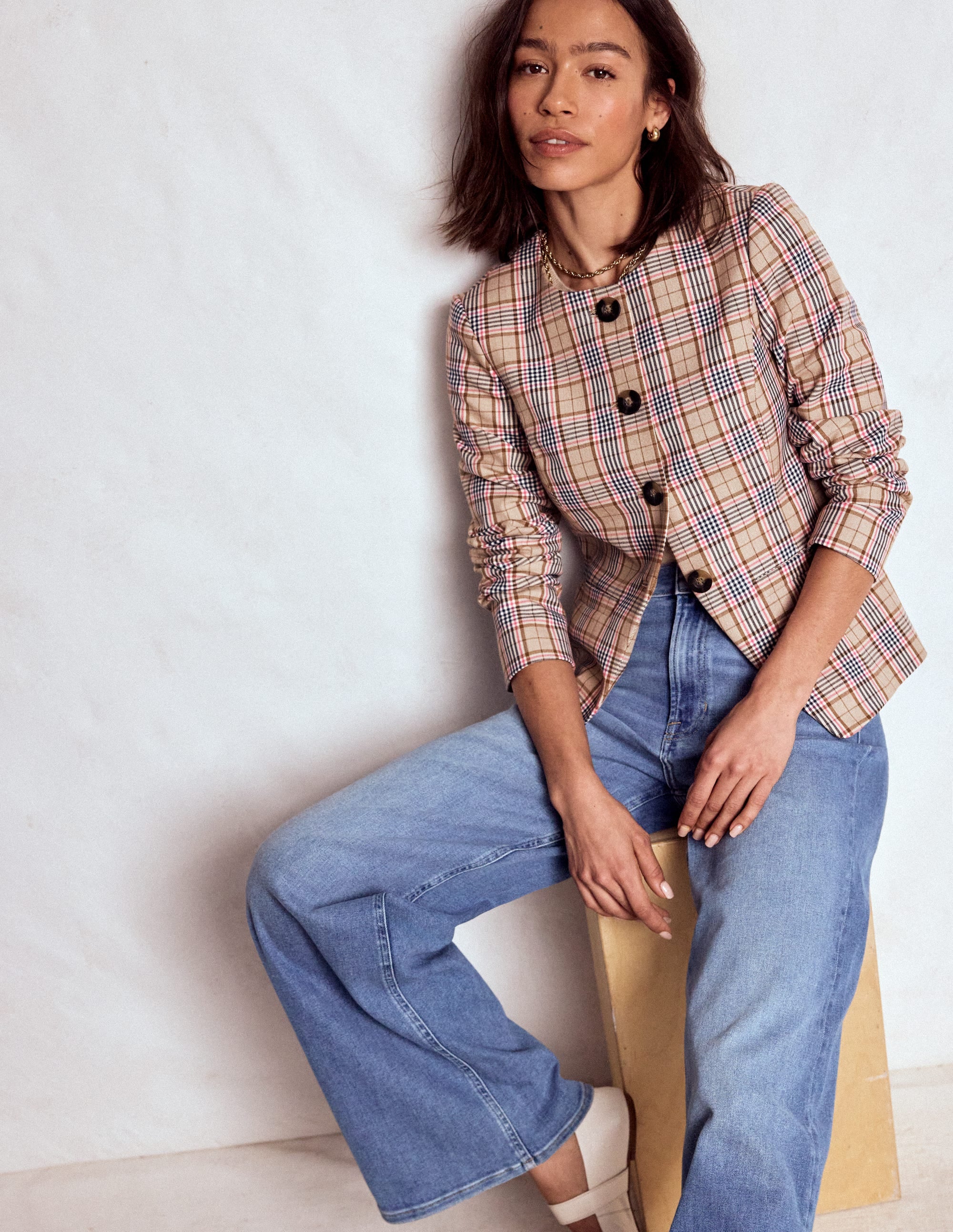 Hampstead Linen Blazer-Brown, Pink & Navy Check