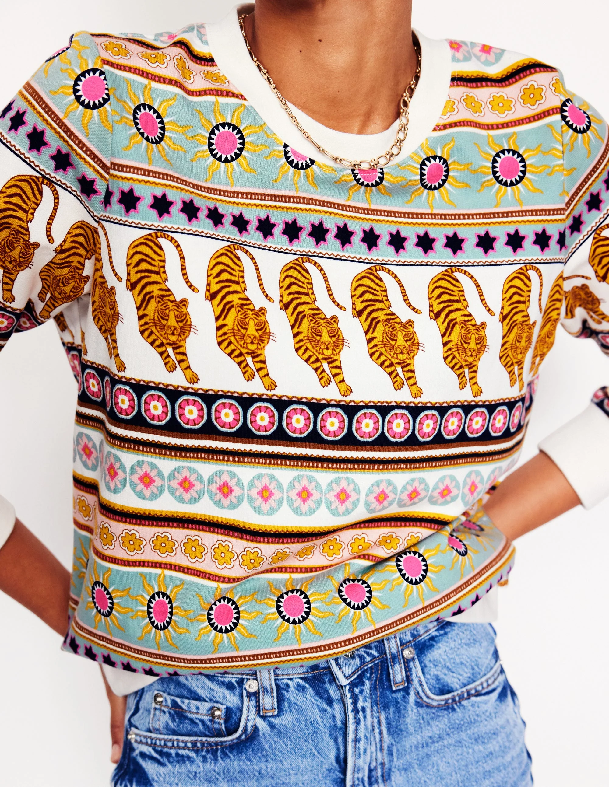 Hannah Printed Sweatshirt-Ivory, Tiger Border - Image 2