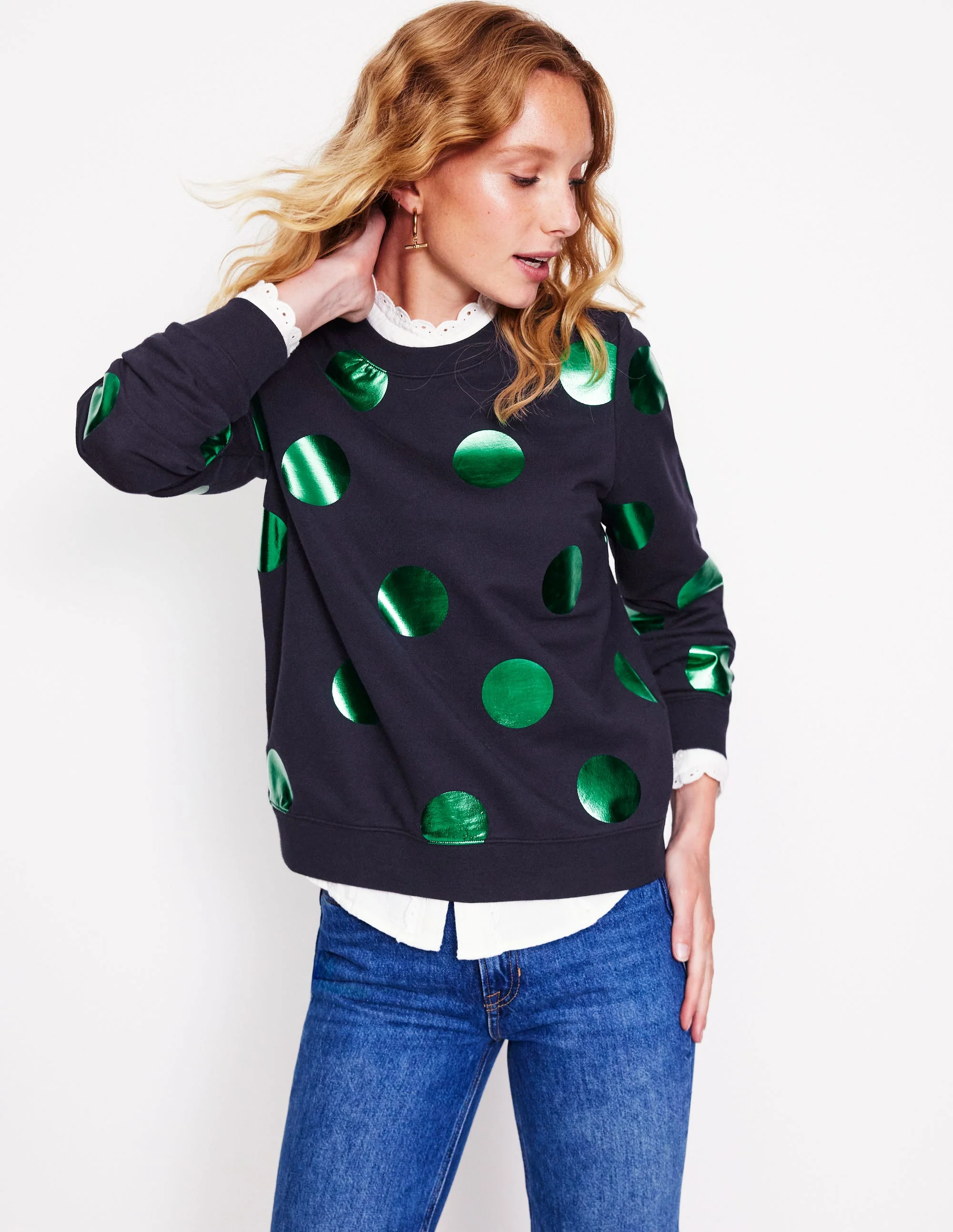Hannah Printed Sweatshirt-Navy, Green Spot - Image 4