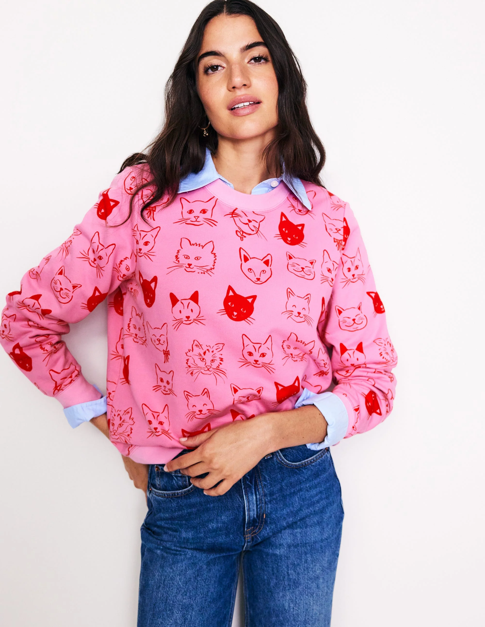 Hannah Printed Sweatshirt-Strawberry Sherbert, Cats