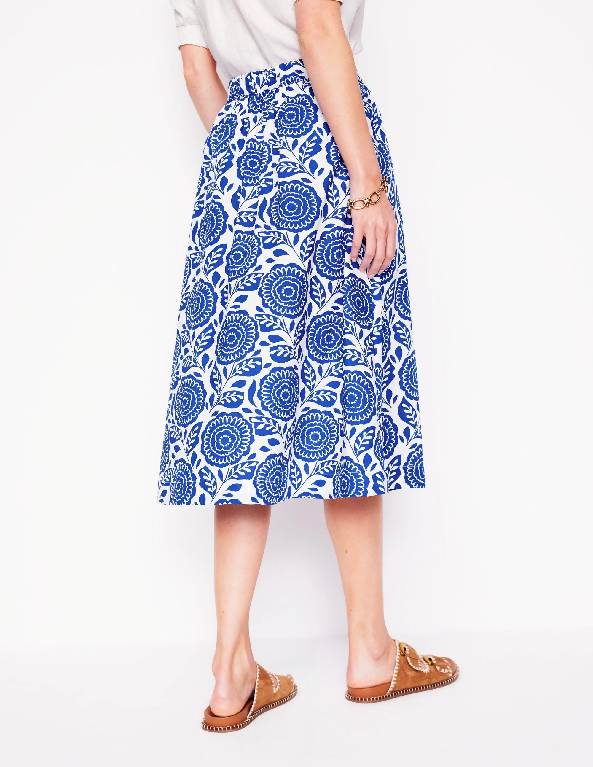 Hattie Poplin Midi Skirt-Bright Blue, Dahlia Stamp - Image 3