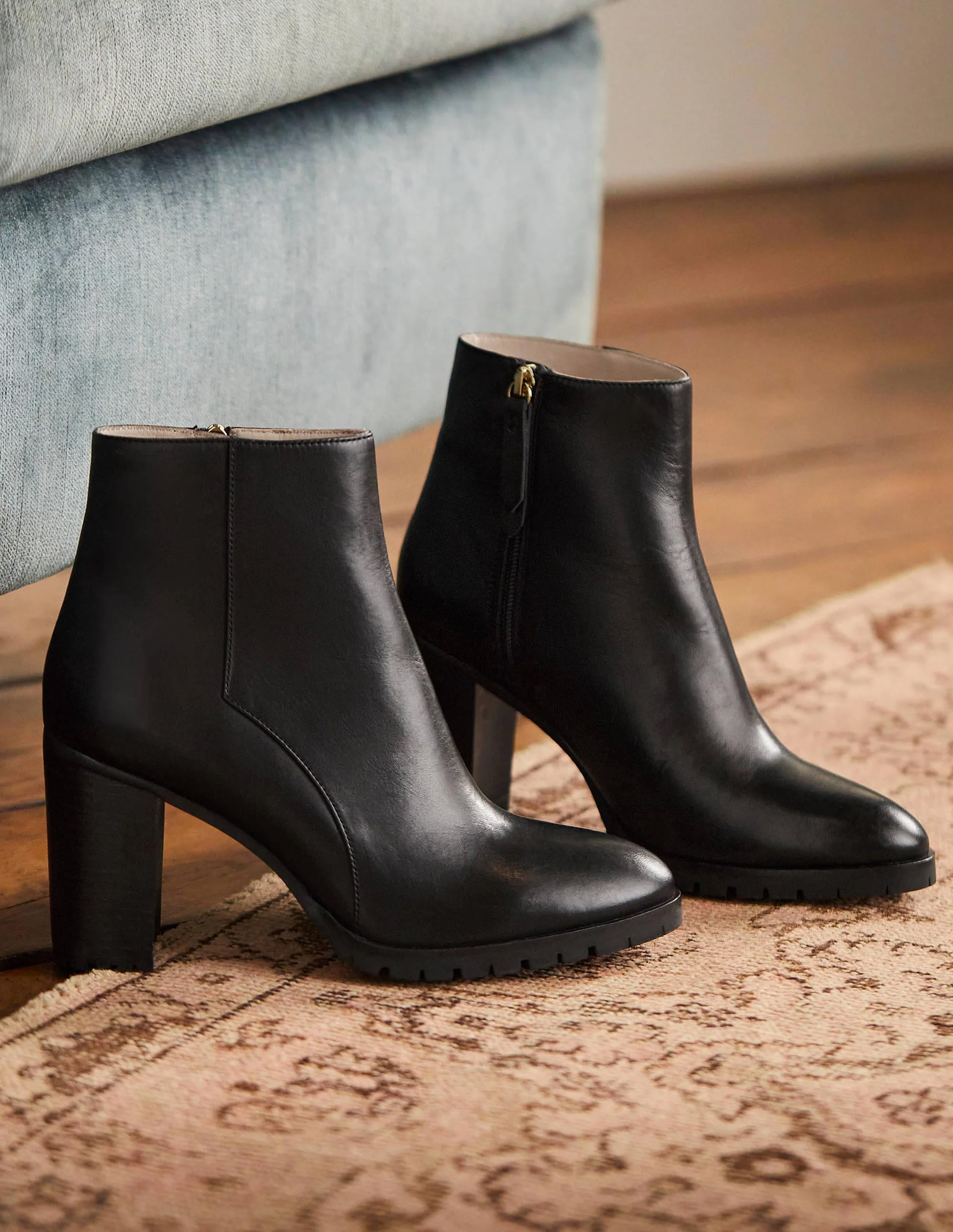 Heeled Leather Ankle Boots-Black