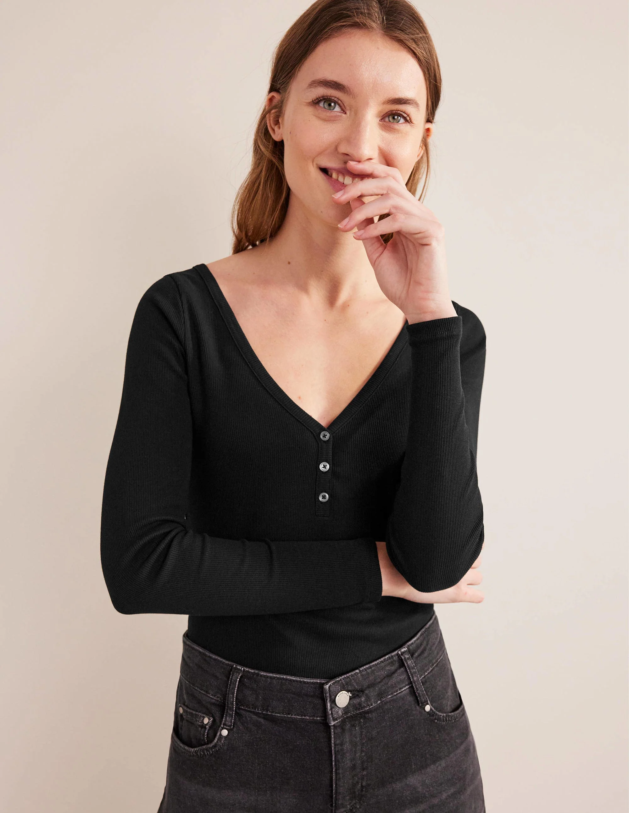 Henley Ribbed Top-Black