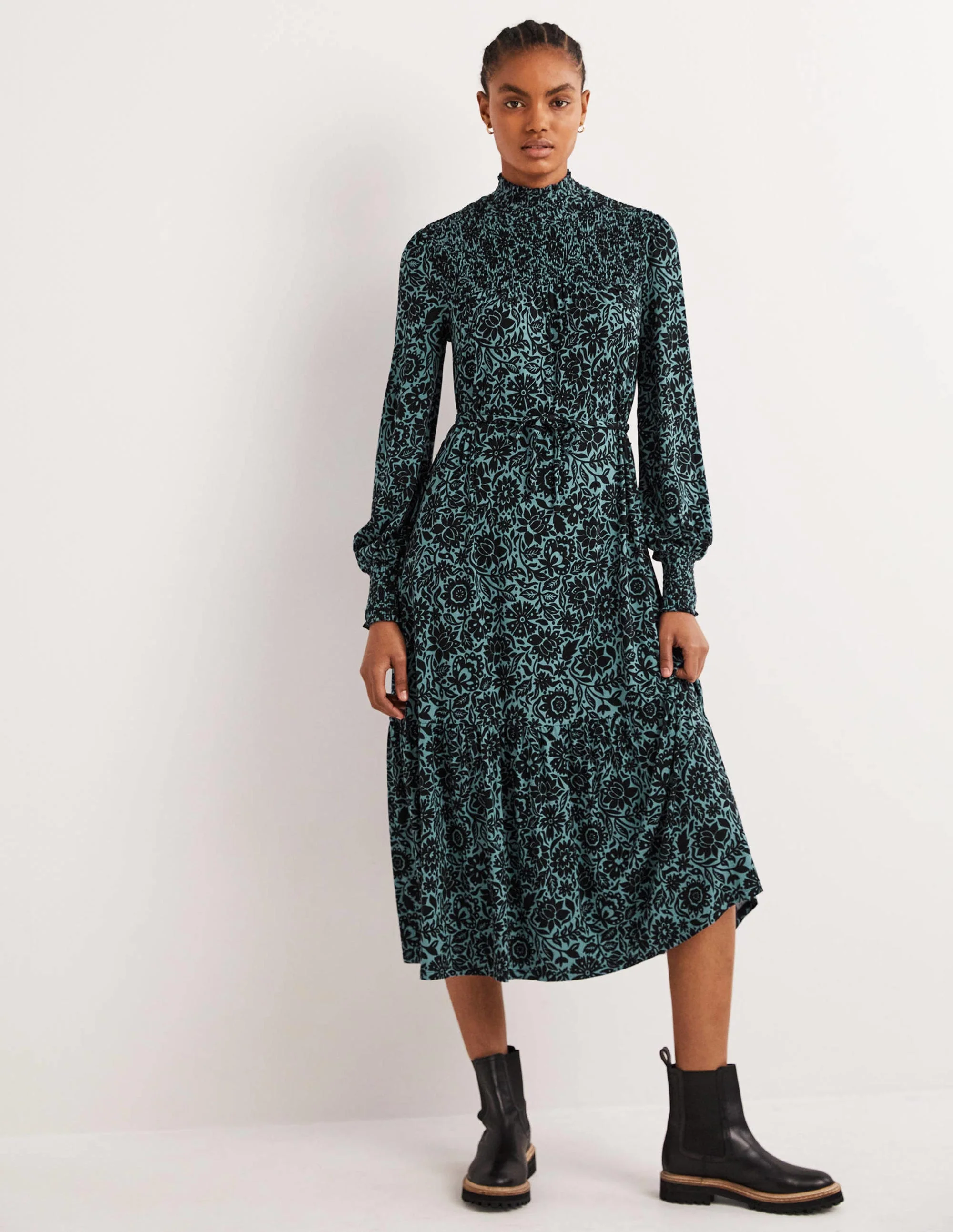 High Neck Jersey Maxi Dress-Mid Blue, Foliage Bloom