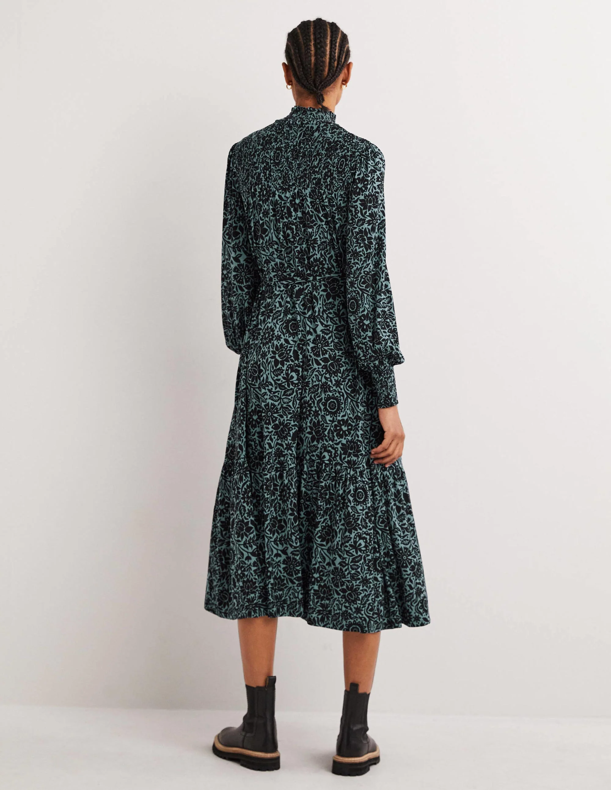 High Neck Jersey Maxi Dress-Mid Blue, Foliage Bloom - Image 3