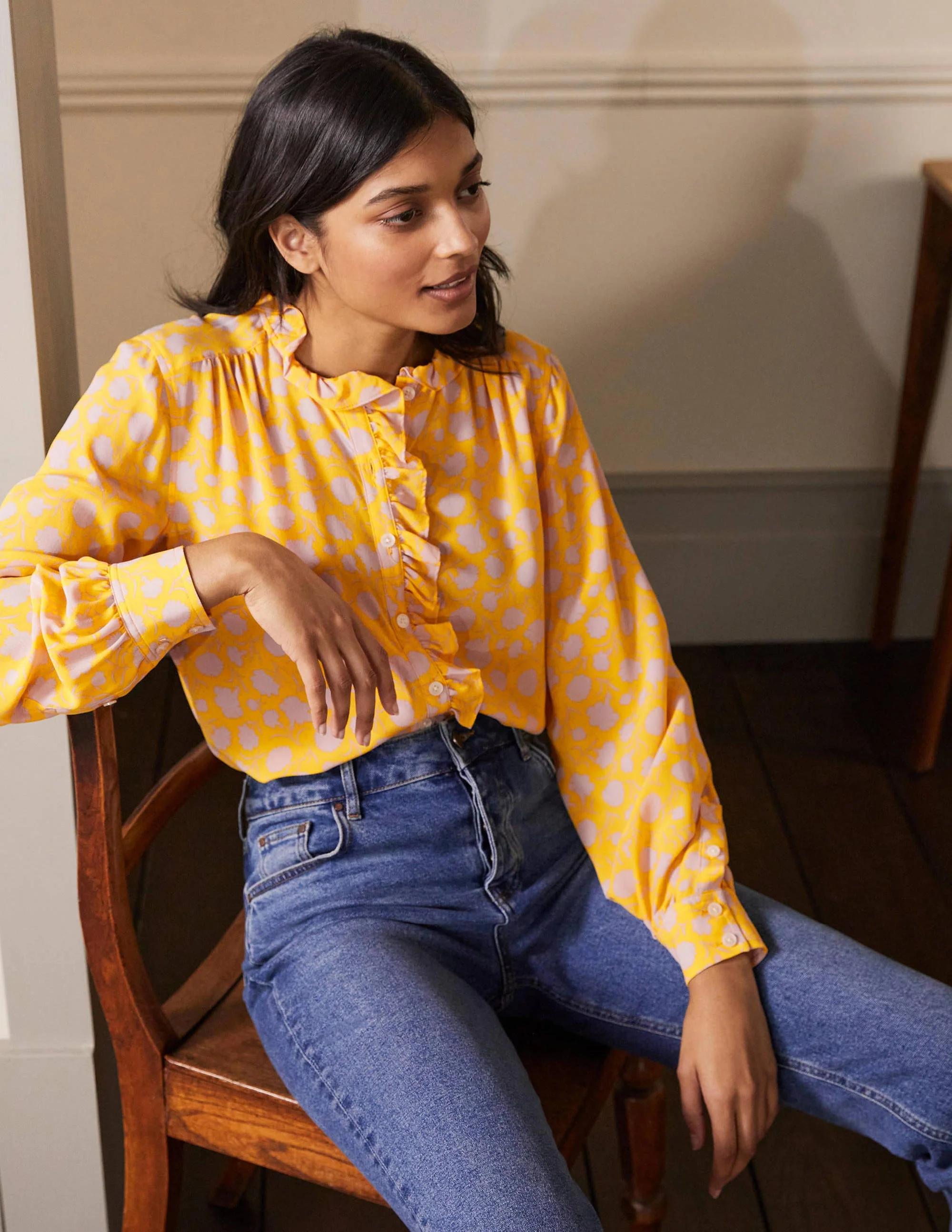High Neck Ruffle Silk Blouse-Honey Gold, Leafy Bud