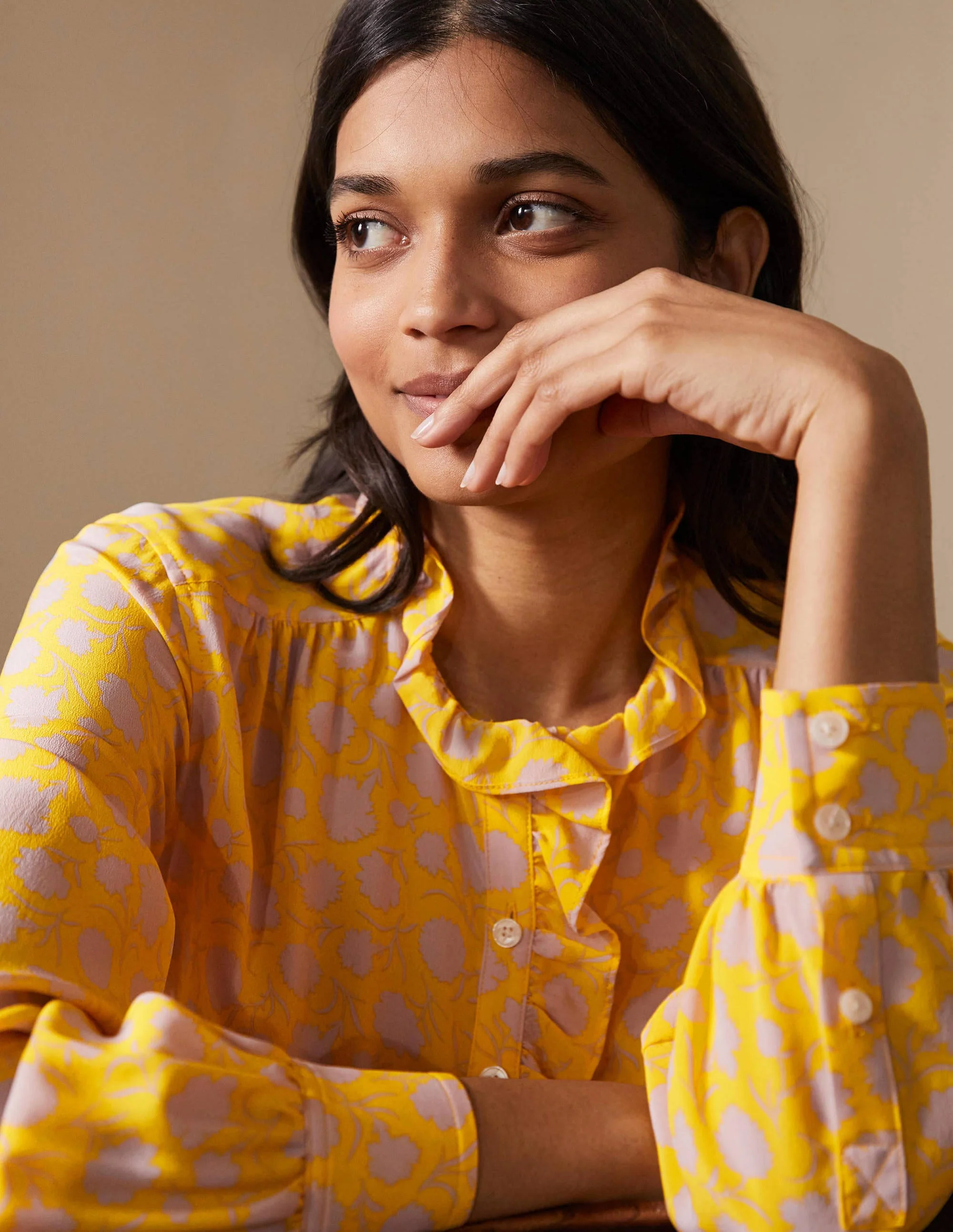 High Neck Ruffle Silk Blouse-Honey Gold, Leafy Bud - Image 2