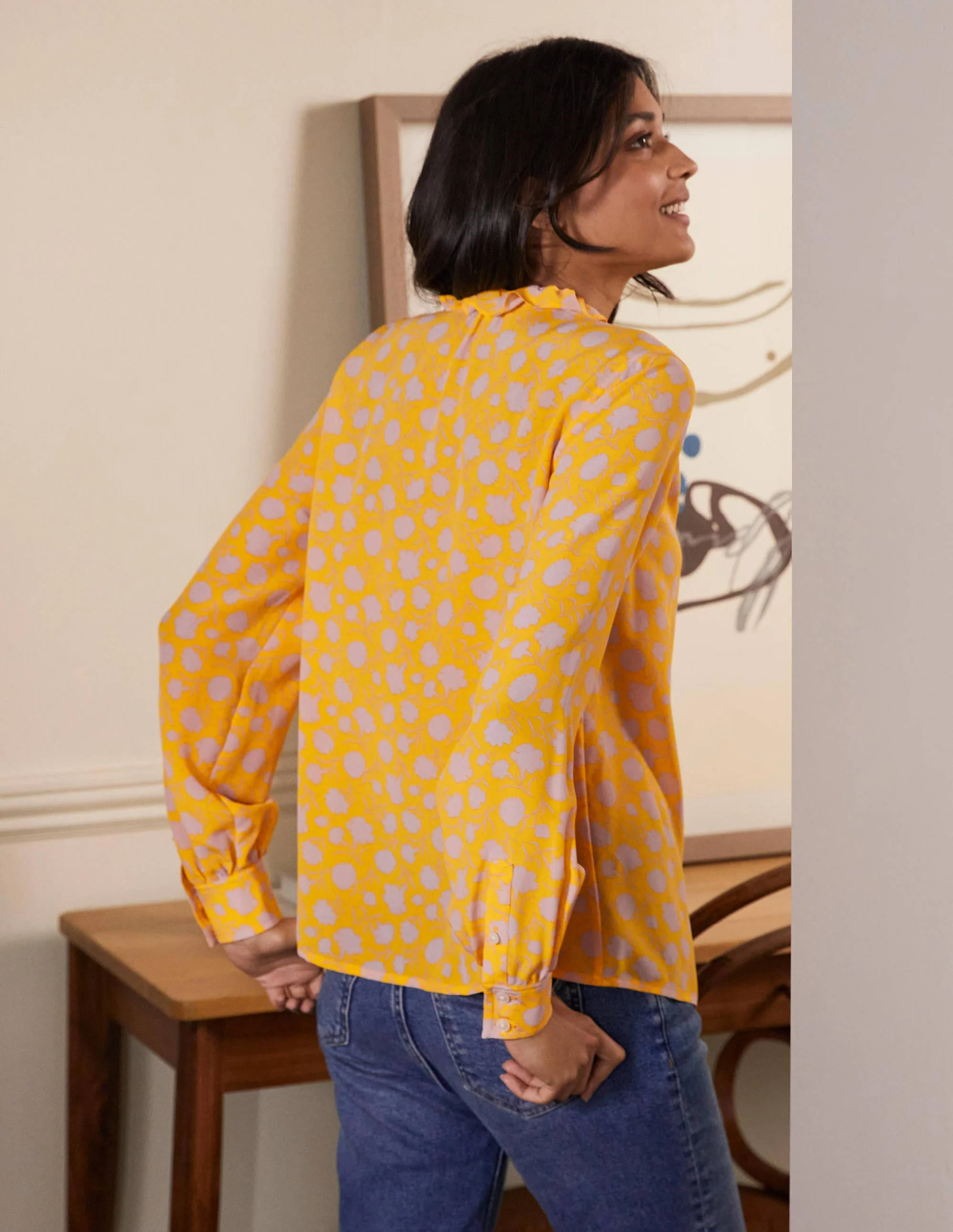 High Neck Ruffle Silk Blouse-Honey Gold, Leafy Bud - Image 3