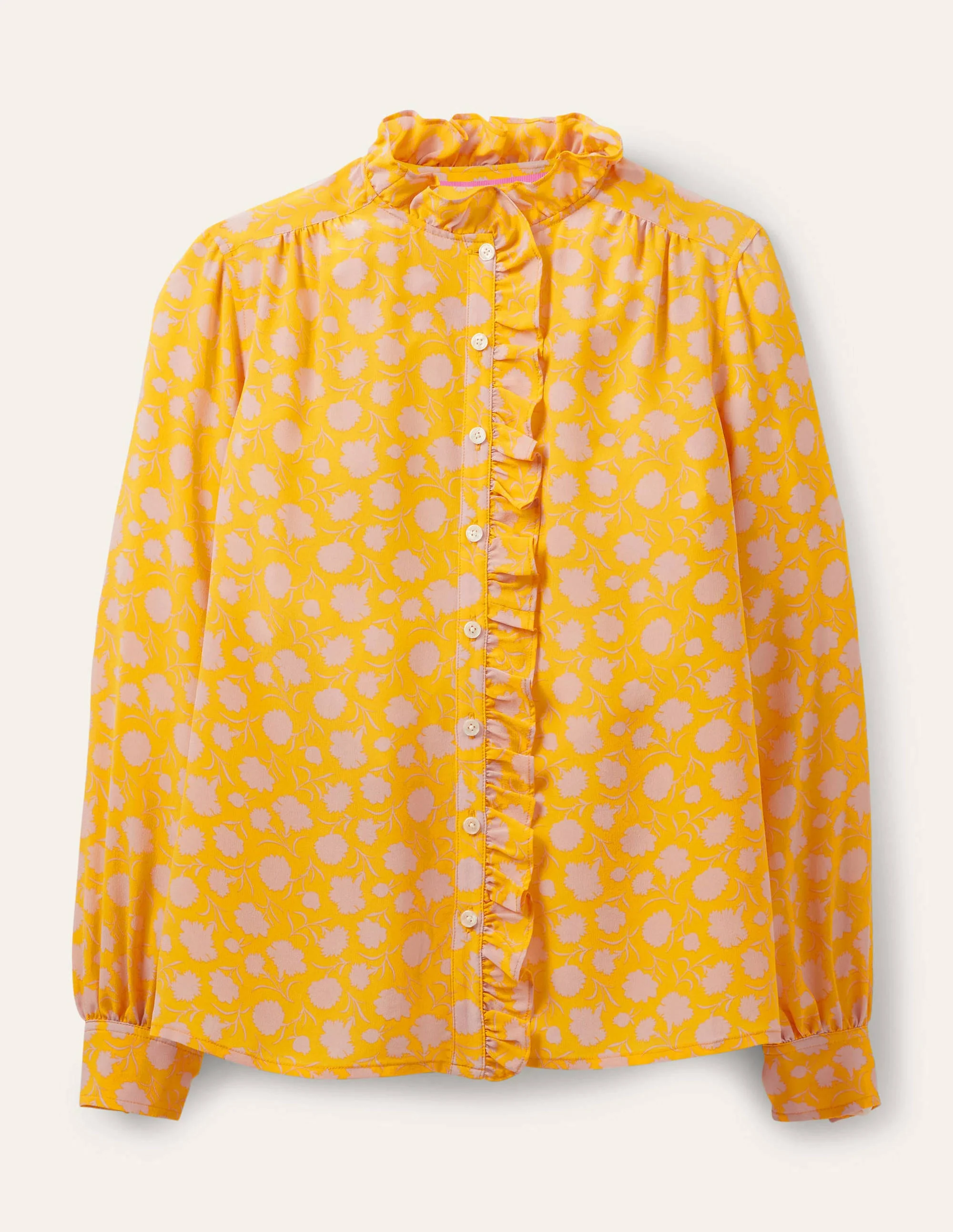 High Neck Ruffle Silk Blouse-Honey Gold, Leafy Bud - Image 6