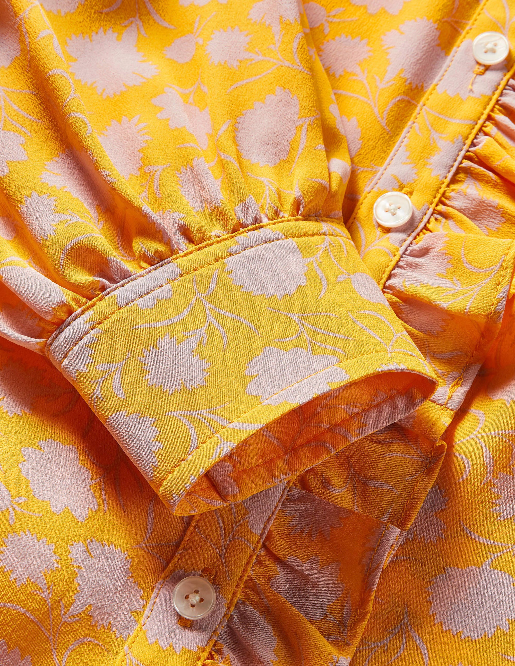 High Neck Ruffle Silk Blouse-Honey Gold, Leafy Bud - Image 7