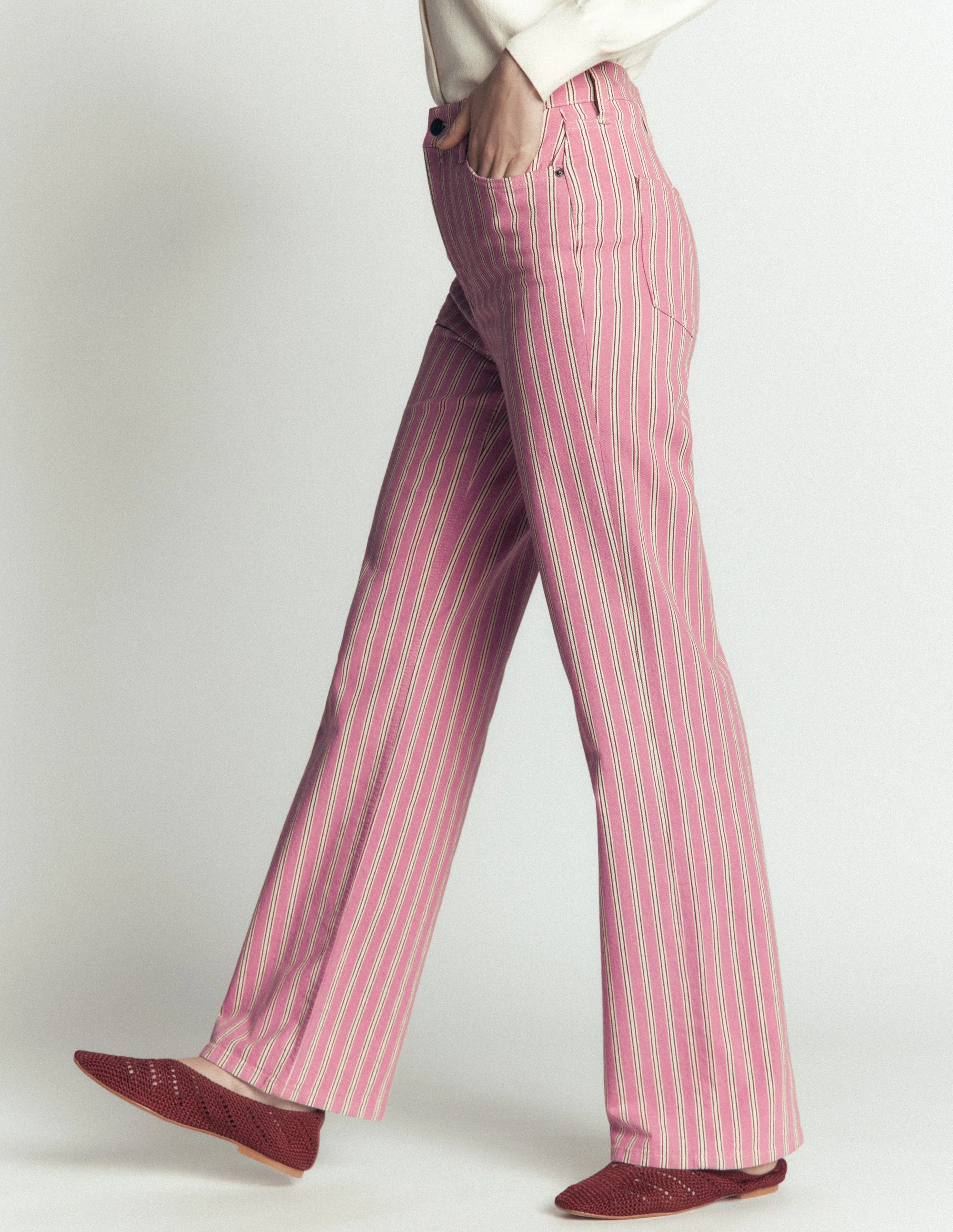 High Rise Column Leg Jeans-Pink, Maroon Tram Stripe - Image 6