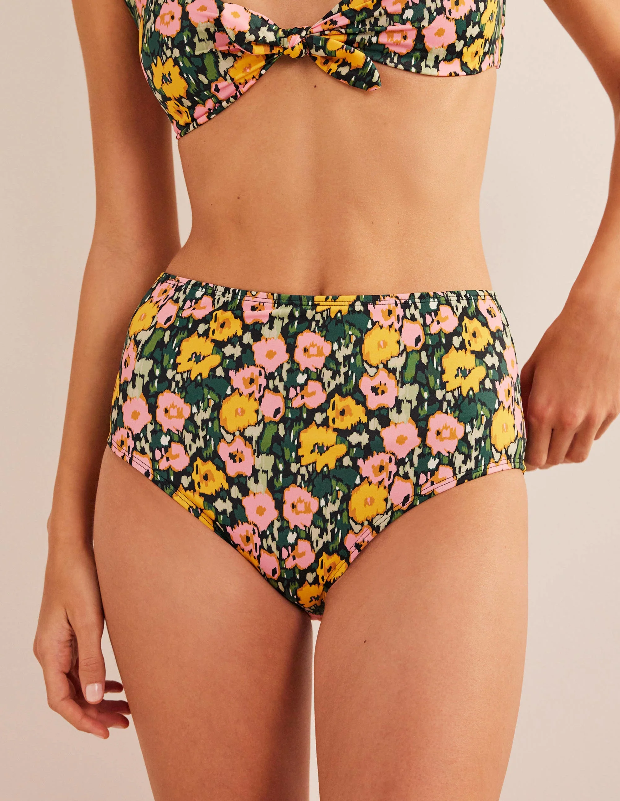 High Waisted Bikini Bottoms-Emerald Night, Abstract Poppy - Image 4