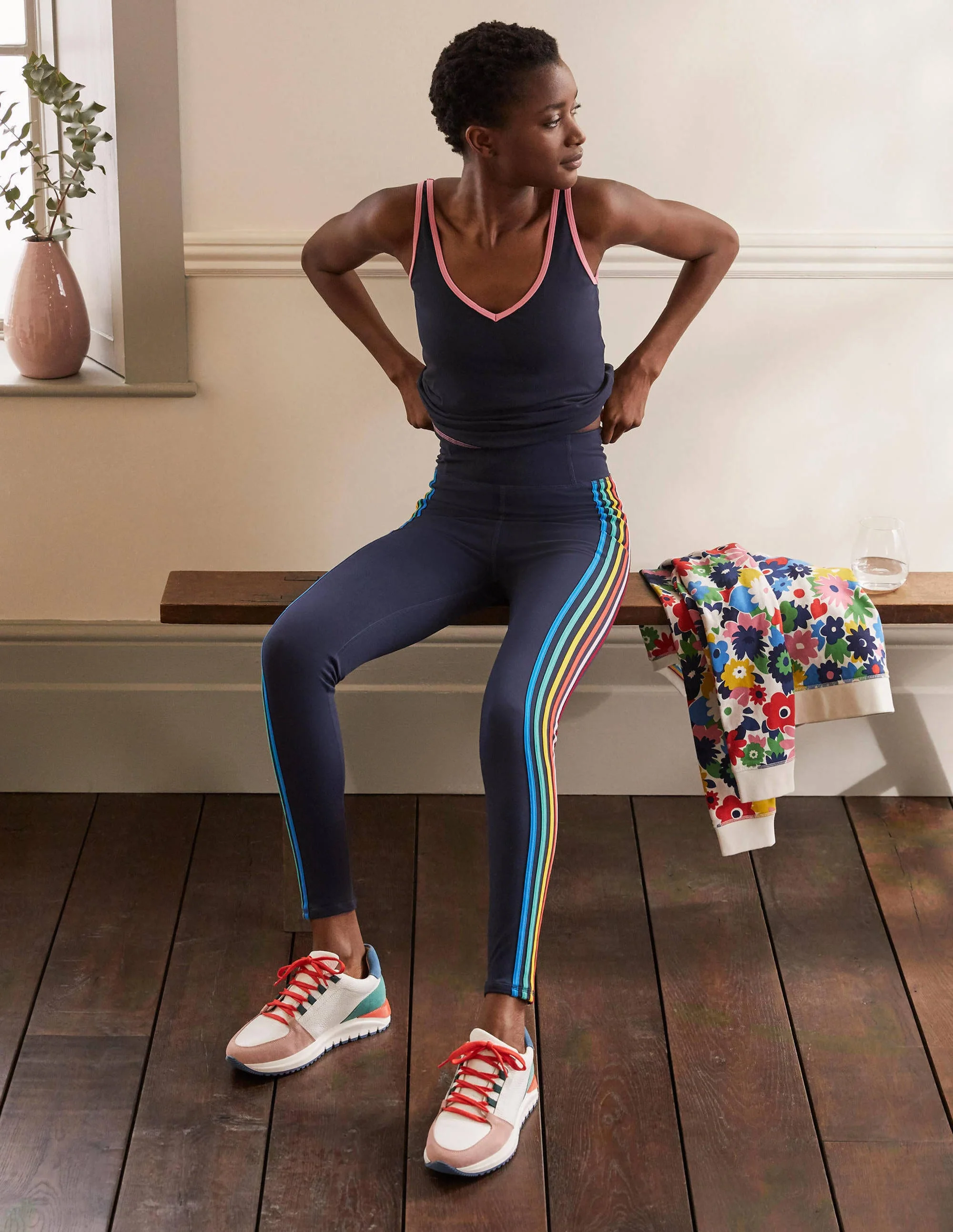 High Waisted Leggings-Navy, Multi Side Stripe