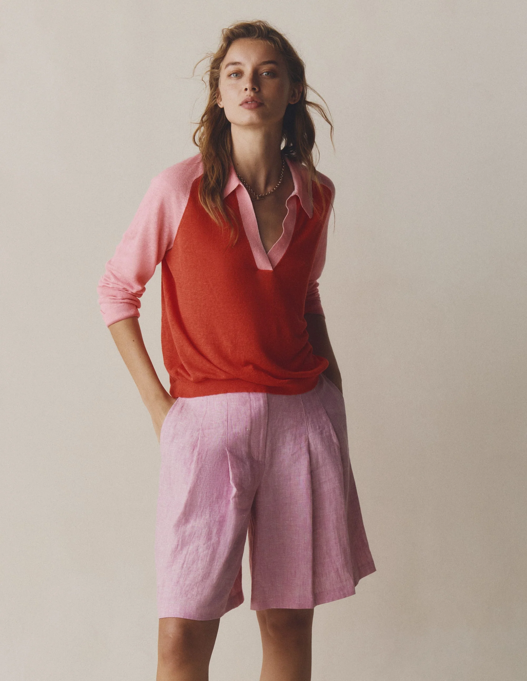 Highbury Pleated Linen Shorts-Meadowsweet Pink Chambray - Image 5