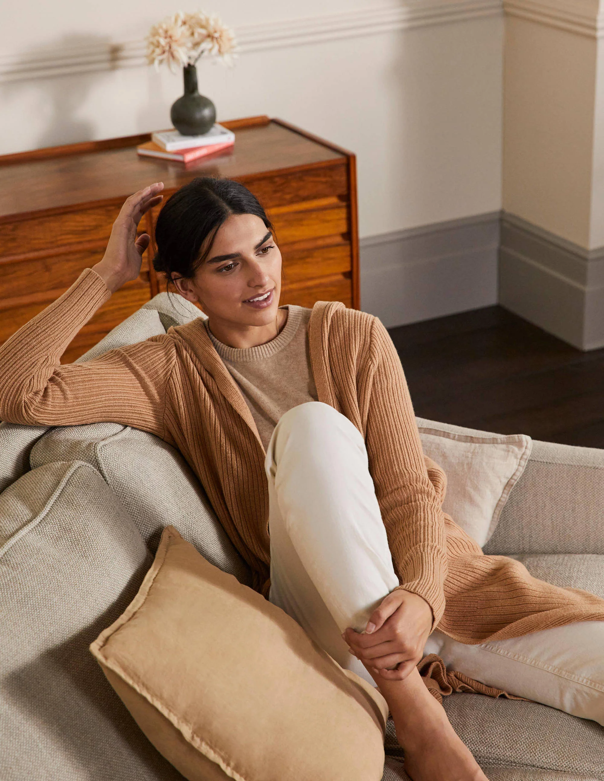 Hooded Relaxed Cardigan-Camel Melange - Image 4