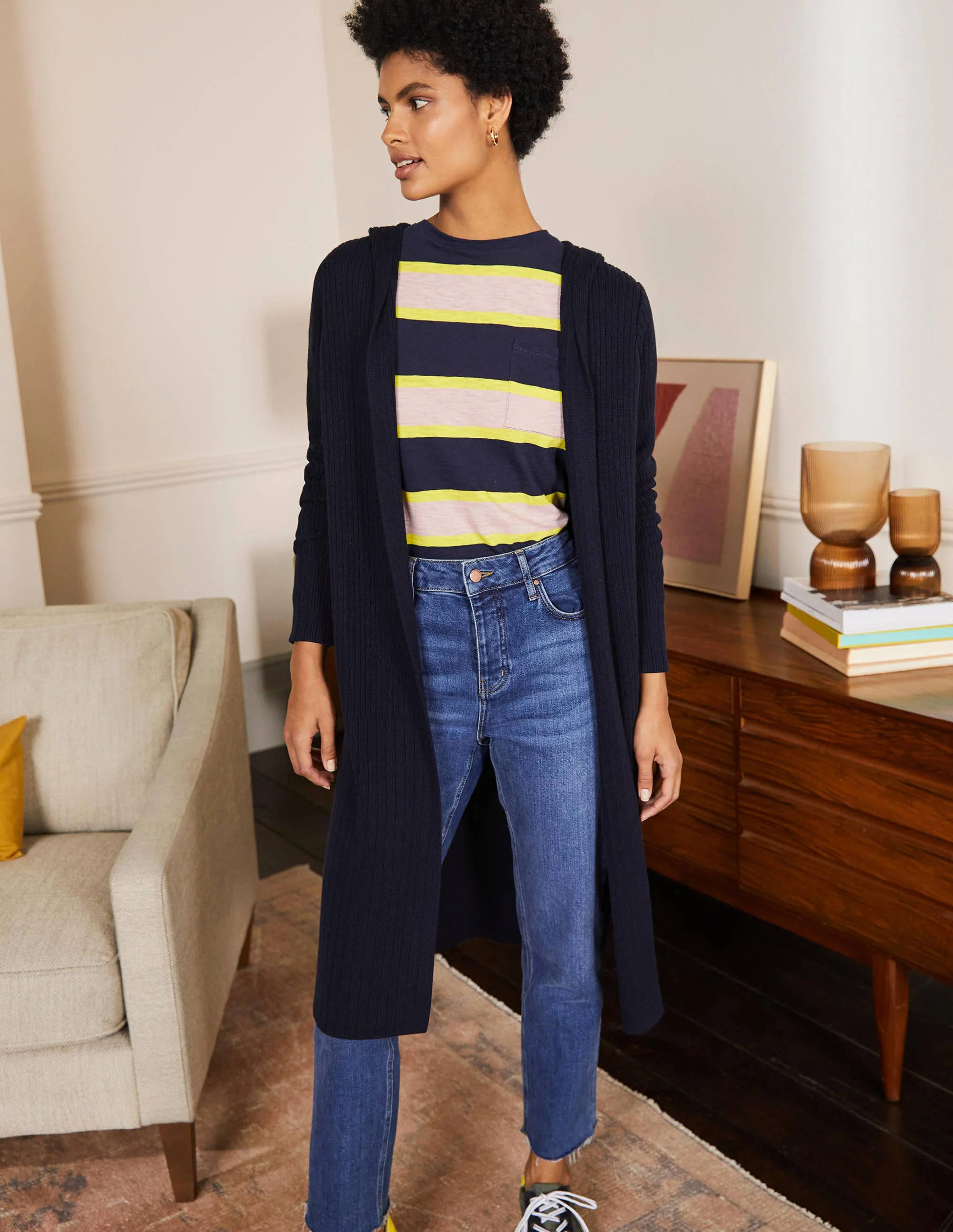 Hooded Relaxed Cardigan-Navy