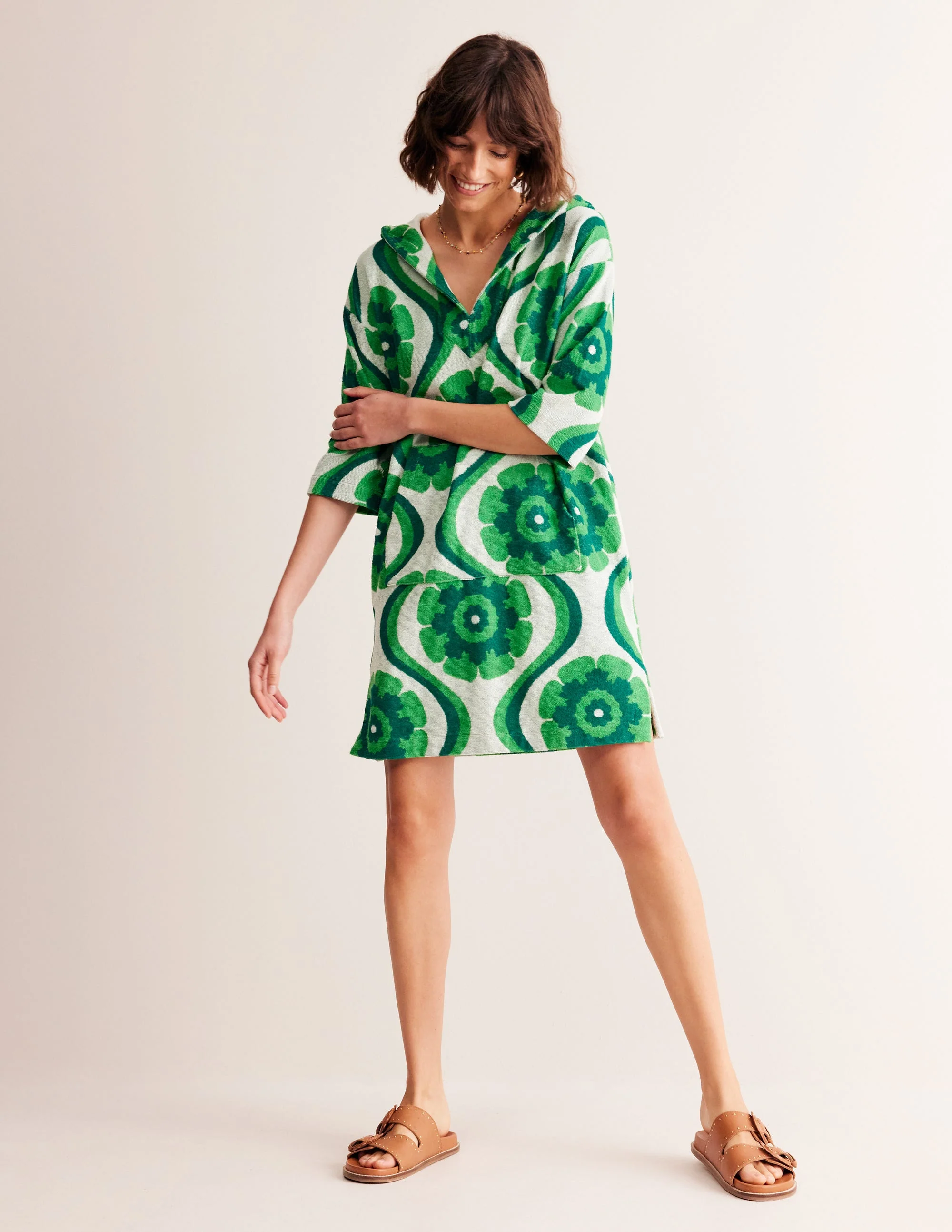Hooded Towelling Short Kaftan-Stone Green, Geo Floret - Image 4