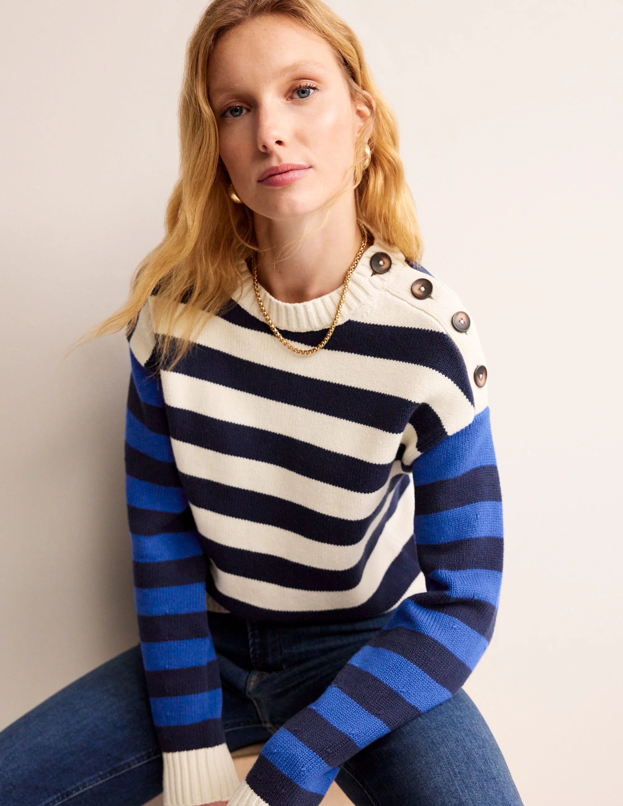 Hotch Potch Cotton Sweater-Naval Academy, Ivory Stripe